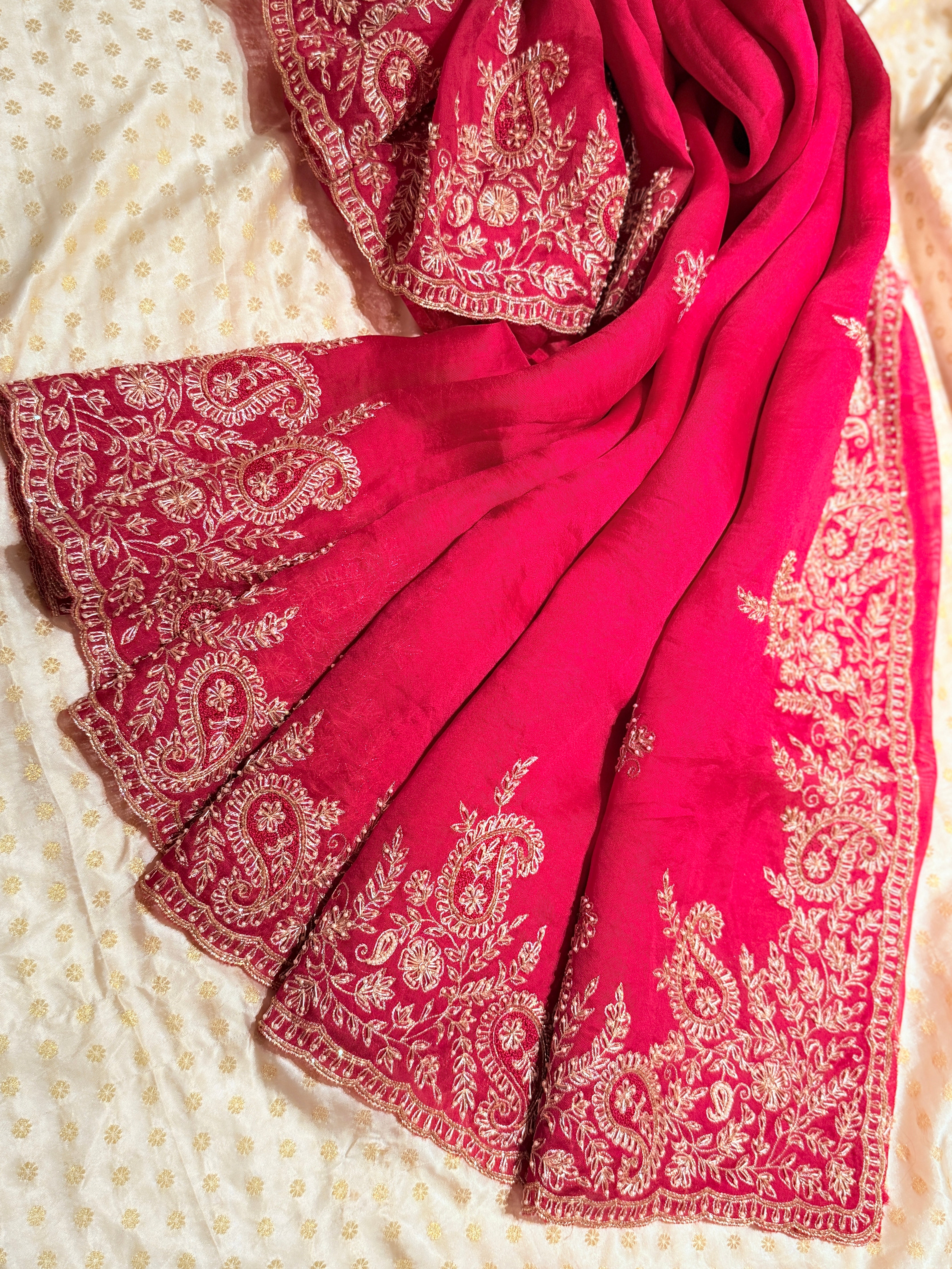 Vermillion Red kora Banasari Zardosi silk saree