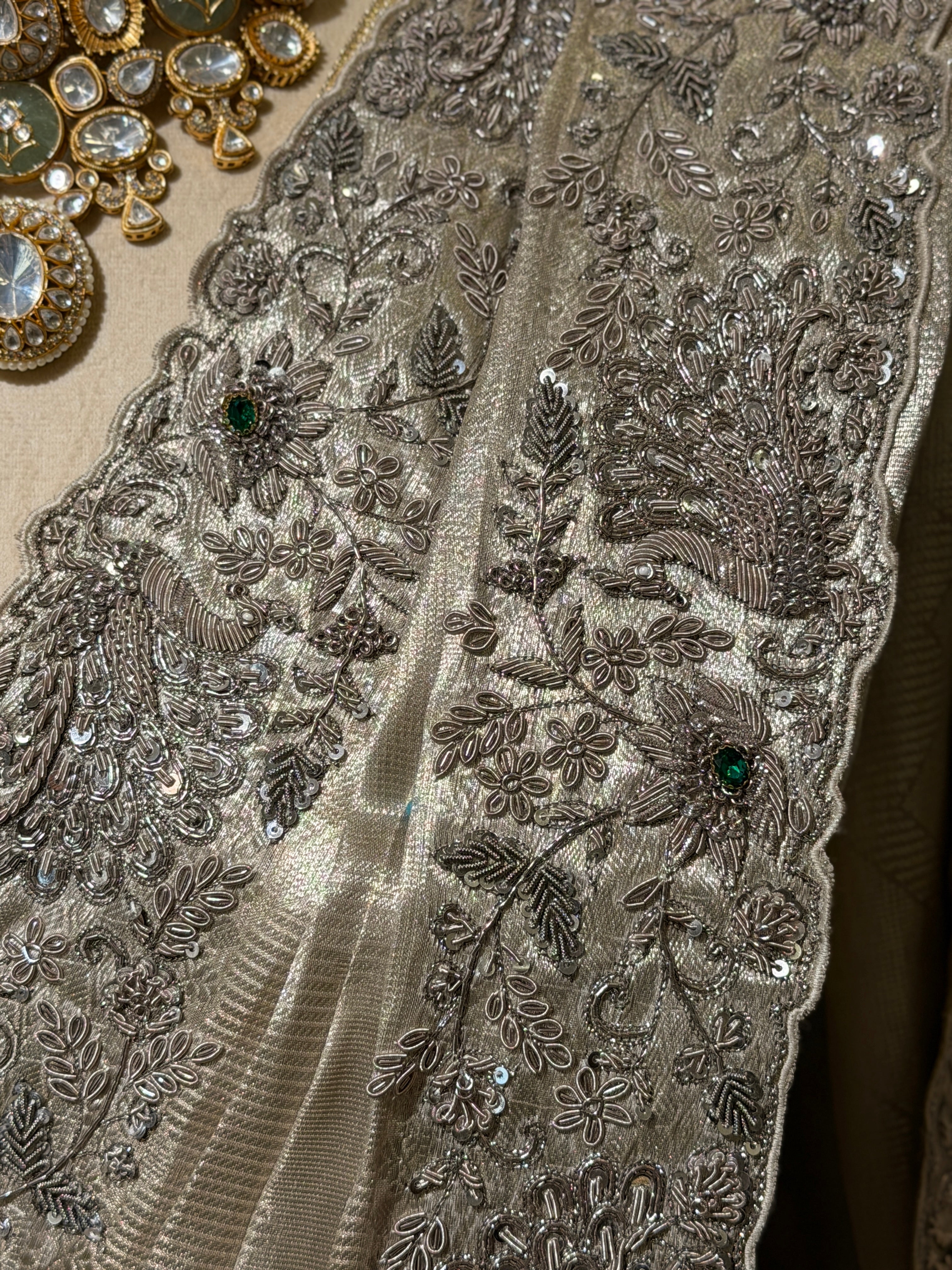 Pure Tissue Silver Jacquard Heavy hand embroidered saree