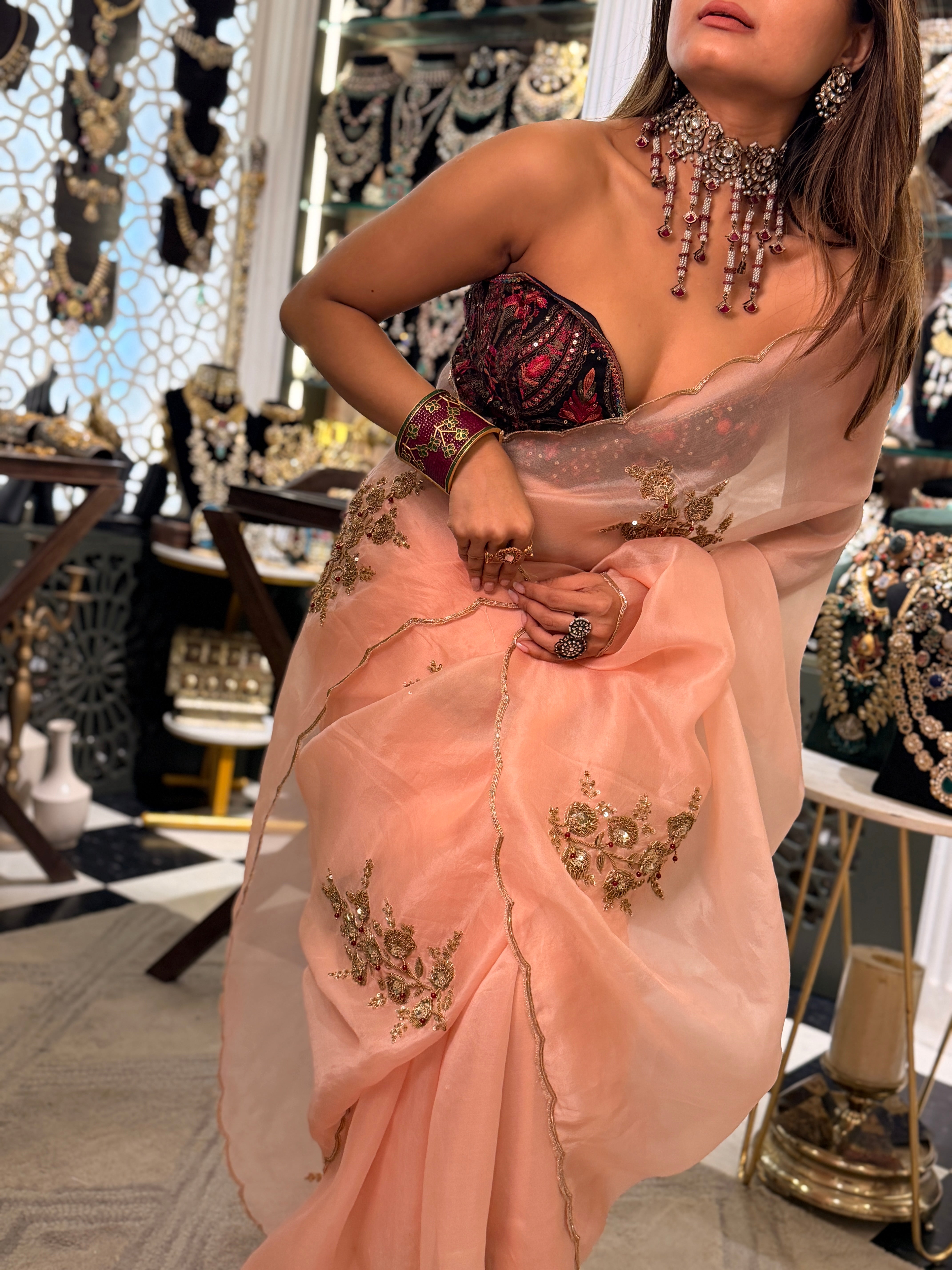 Sheer Blush pink latkan Zardosi work pure Organza
