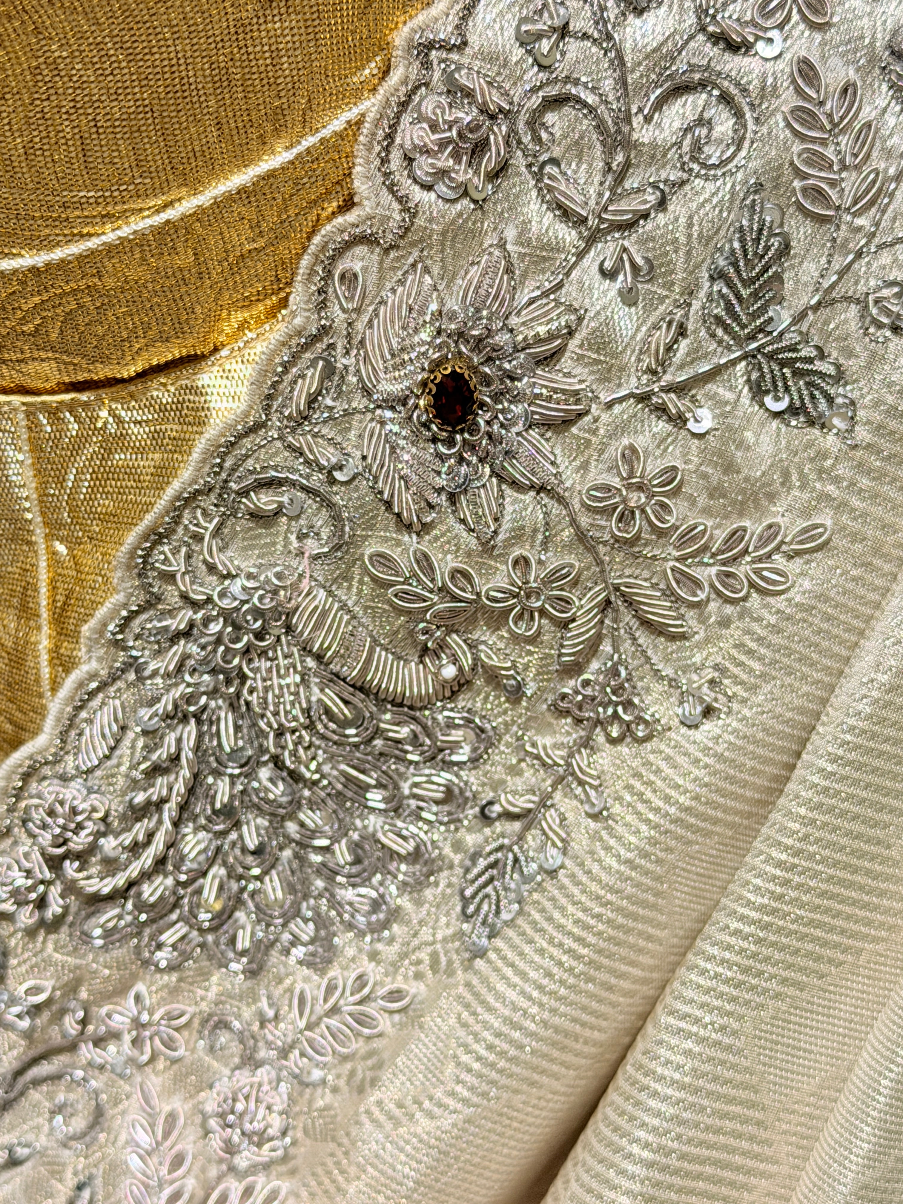 Pure Tissue Silver Jacquard Heavy hand embroidered saree