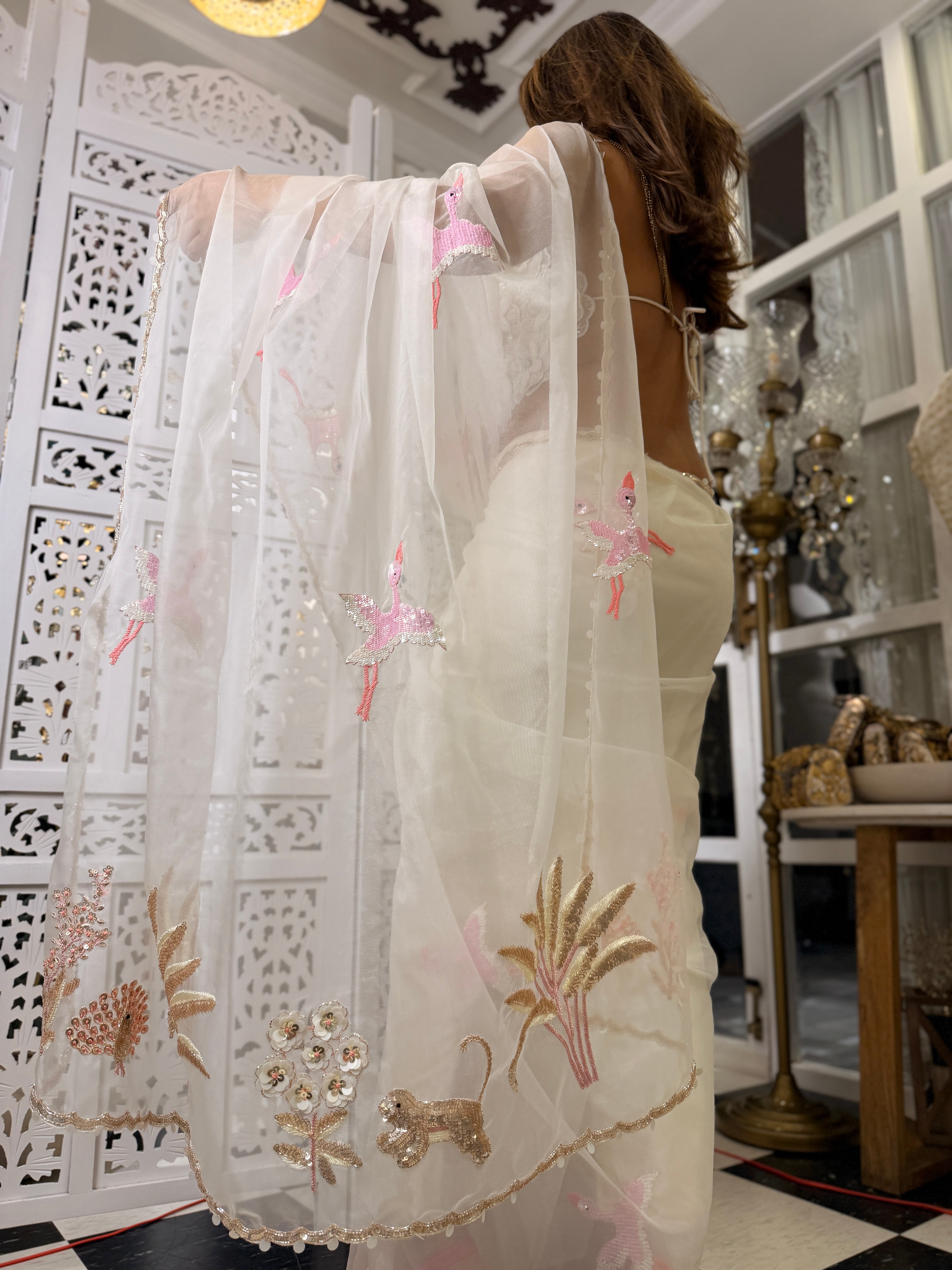 Tropical white sequin Saree