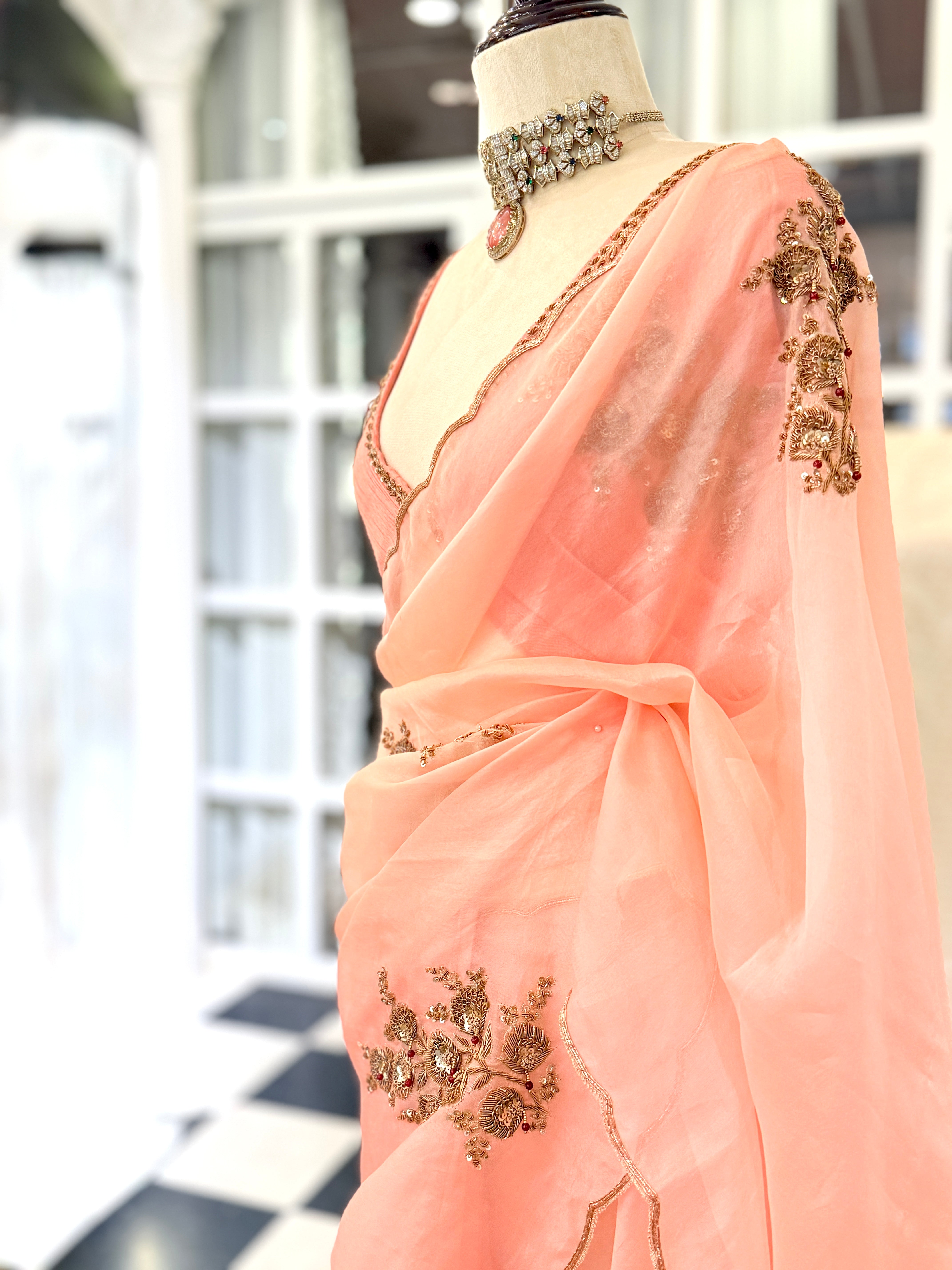 Sheer Blush pink latkan Zardosi work Banarasi kora silk Designer saree