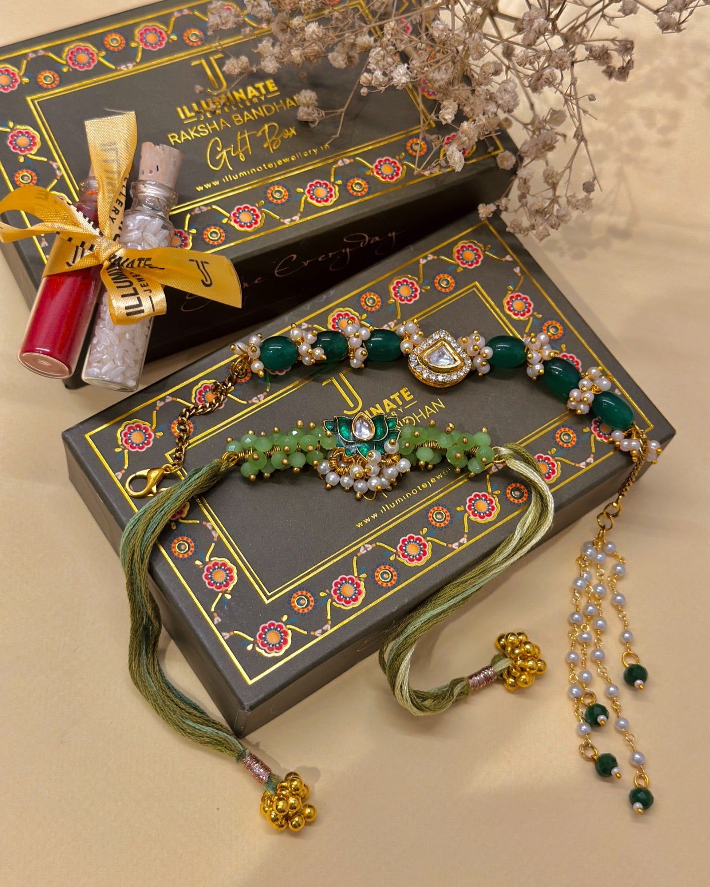 Emerald Stone Kundan Rakhi-Lumba set