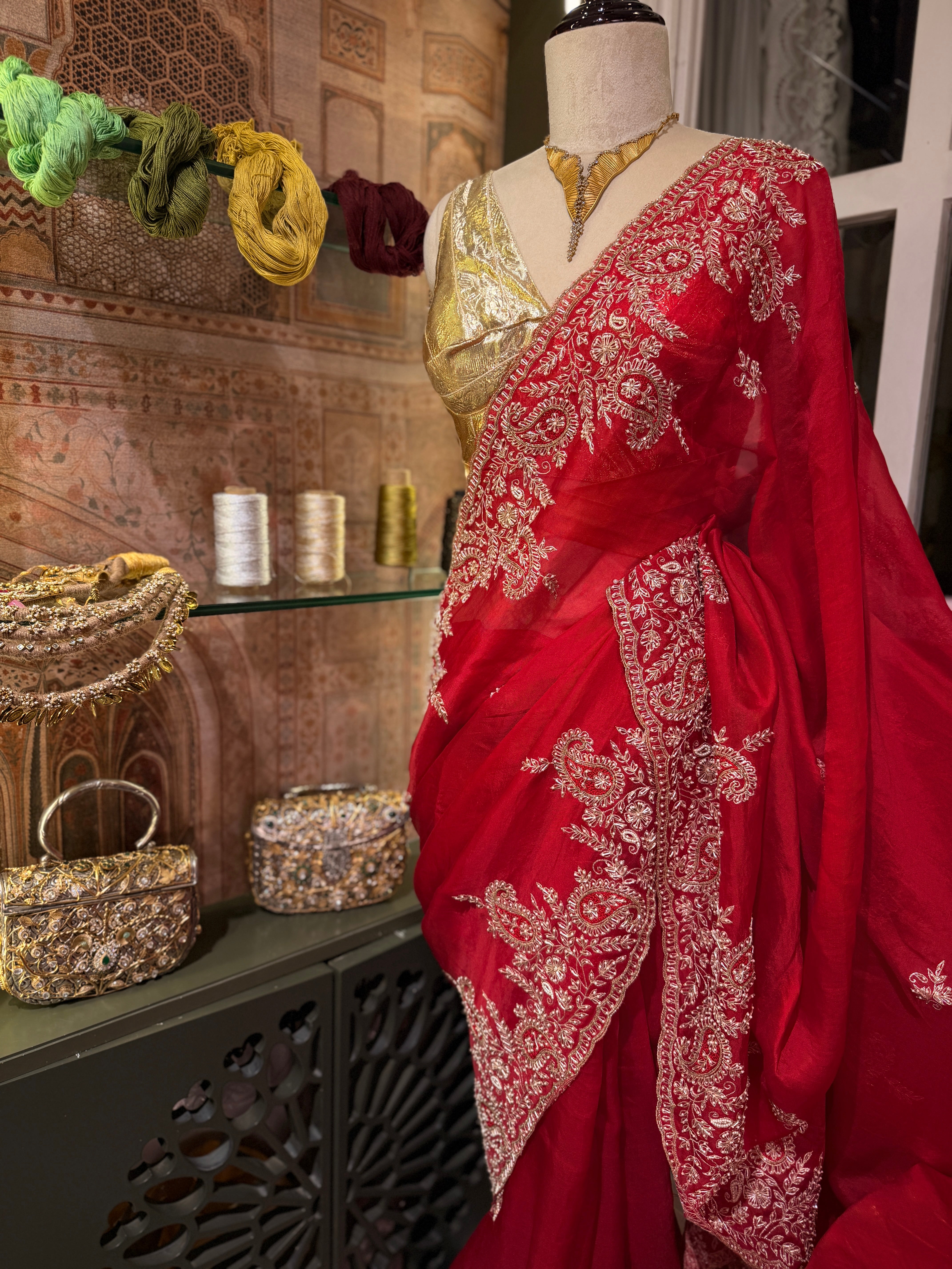 Mango Butta Red Pure Organza saree