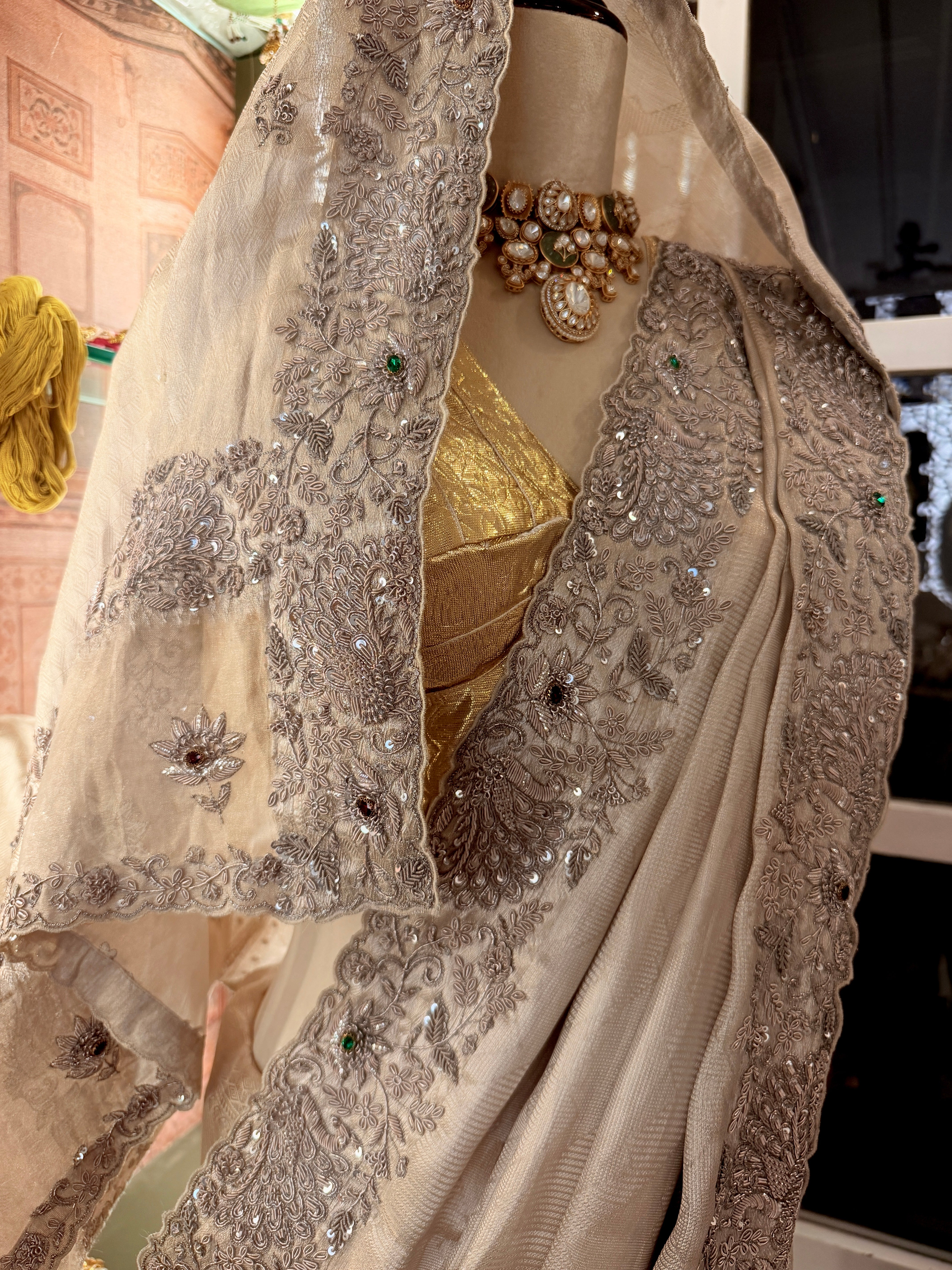 Pure Tissue Silver Jacquard Heavy hand embroidered saree