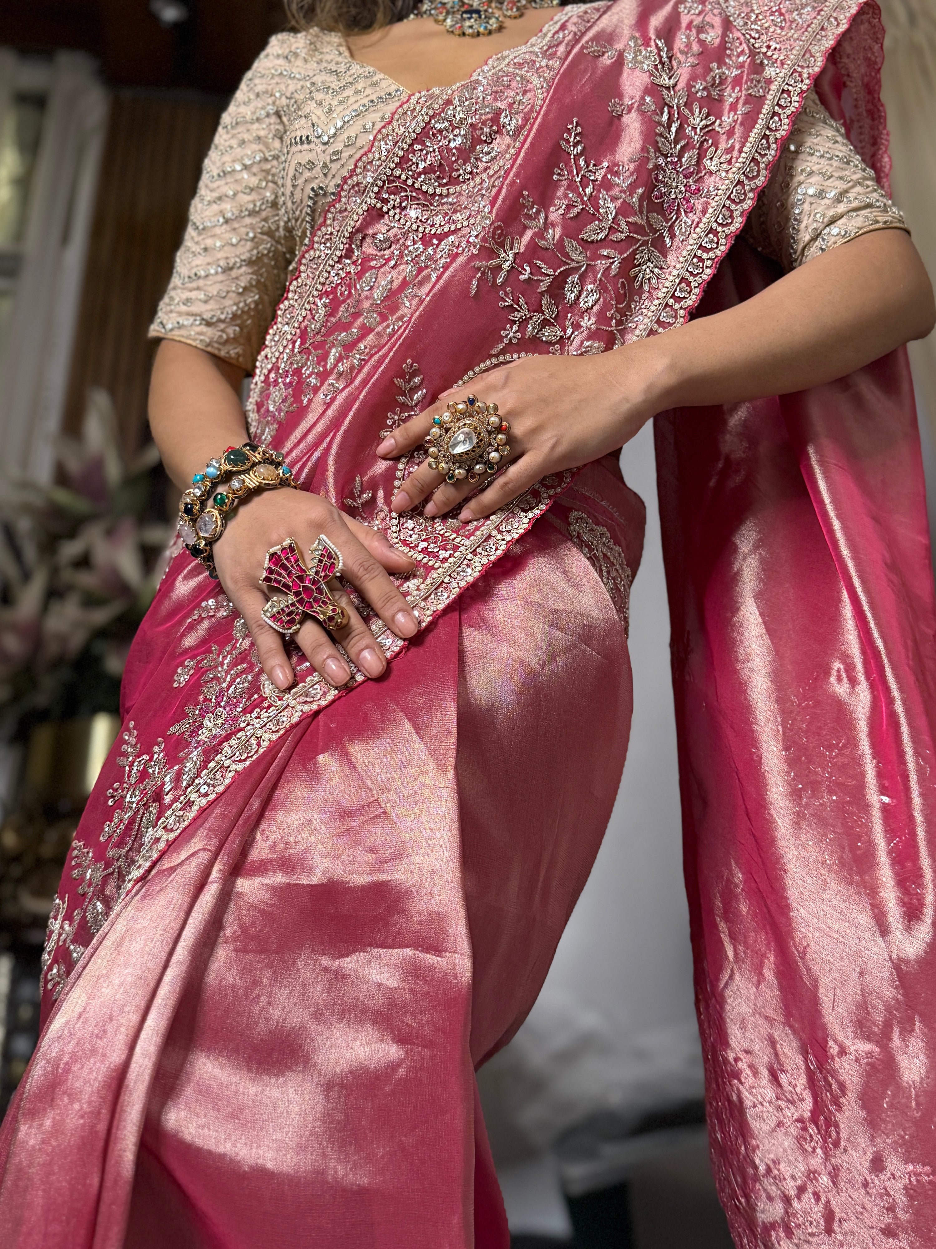 Blush Pink Kanjivaram Tissue silk Designer saree with unstitched Blouse
