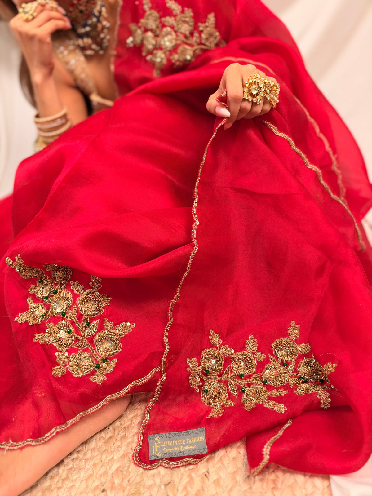 Sindoori Laal latkan Zardosi work pure Organza Saree
