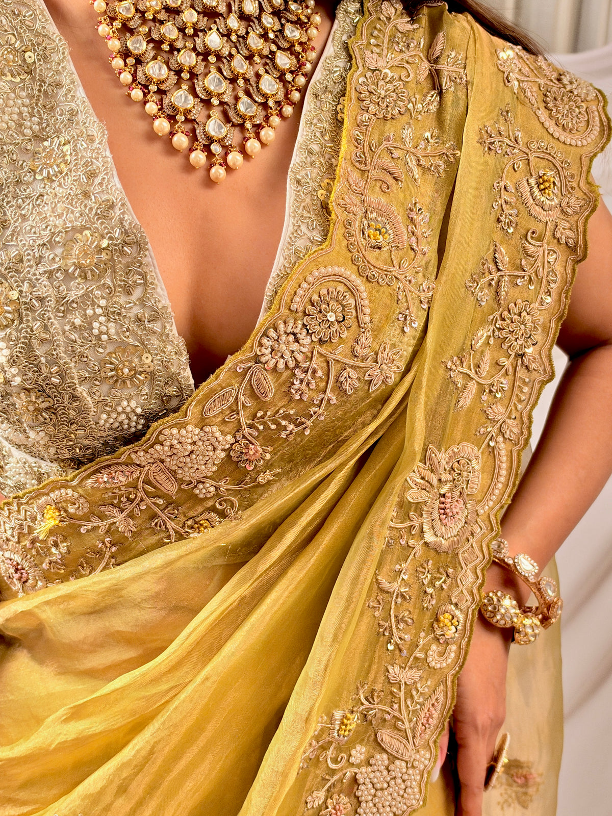 Pure Tissue zardosi Lime saree