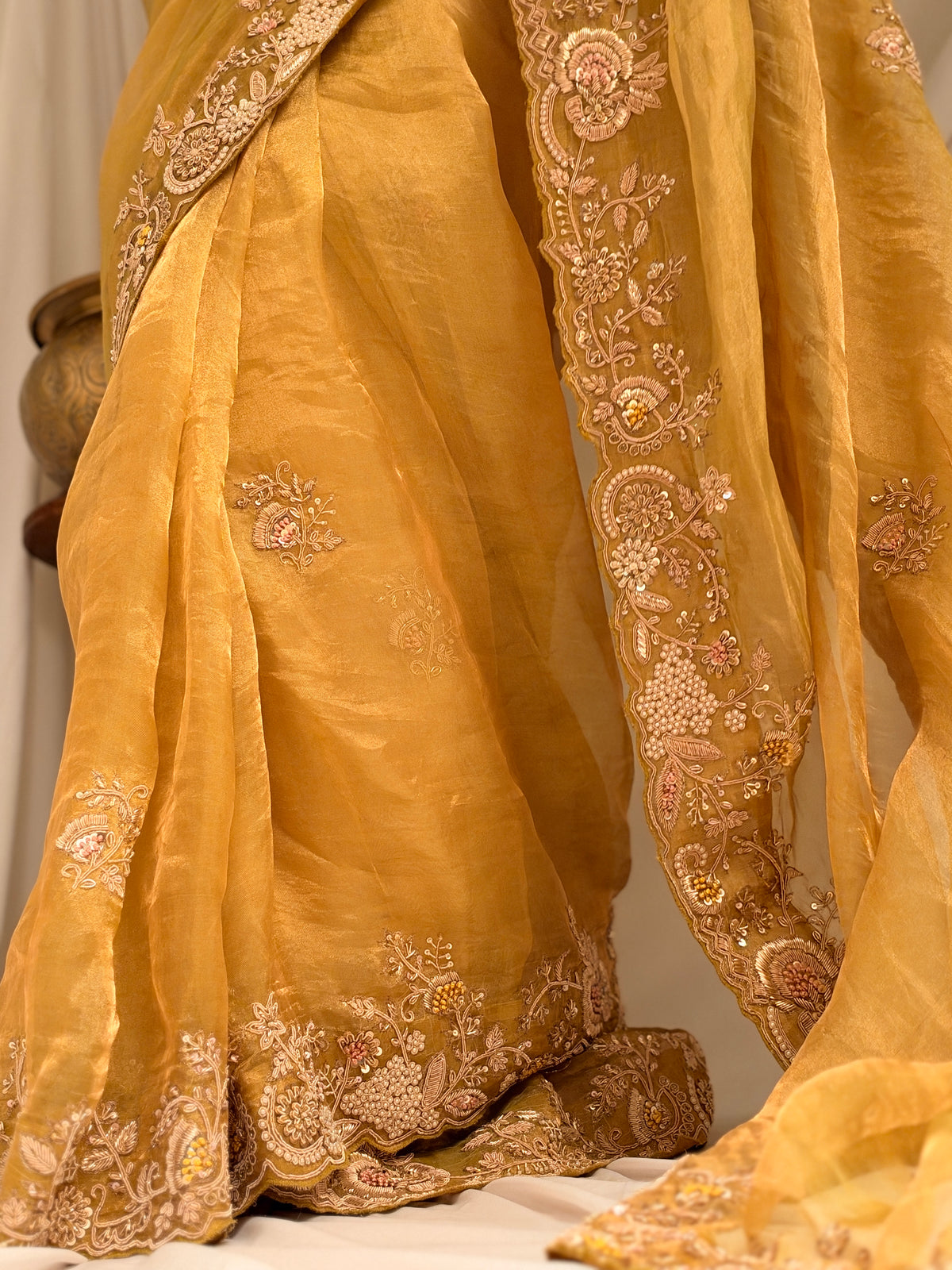 Pure Tissue zardosi Lime saree