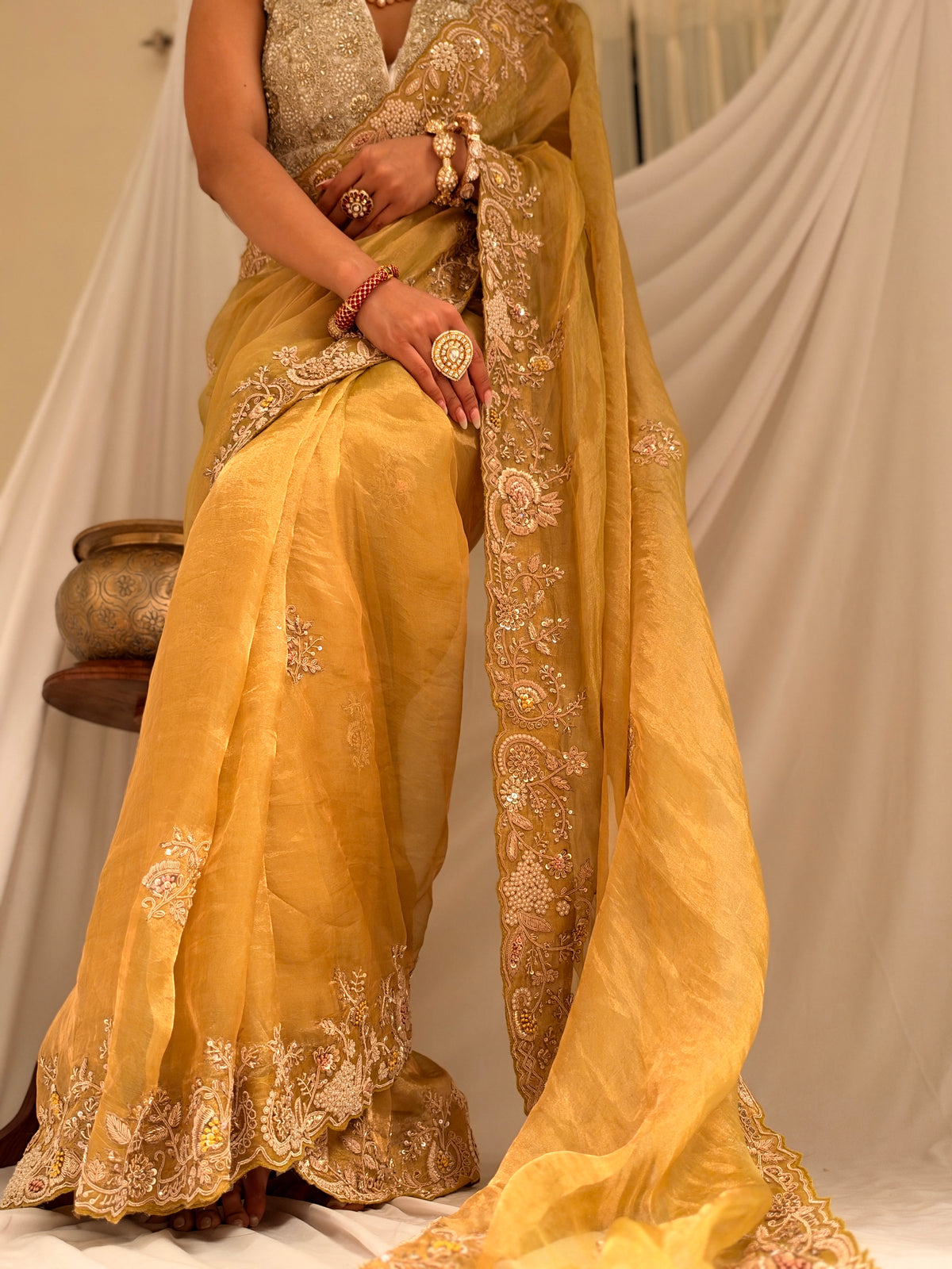 Pure Tissue zardosi Lime saree