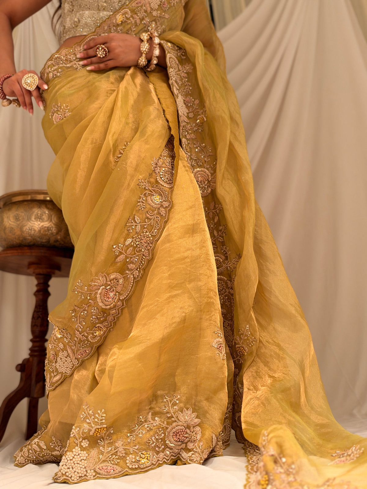 Pure Tissue zardosi Lime saree