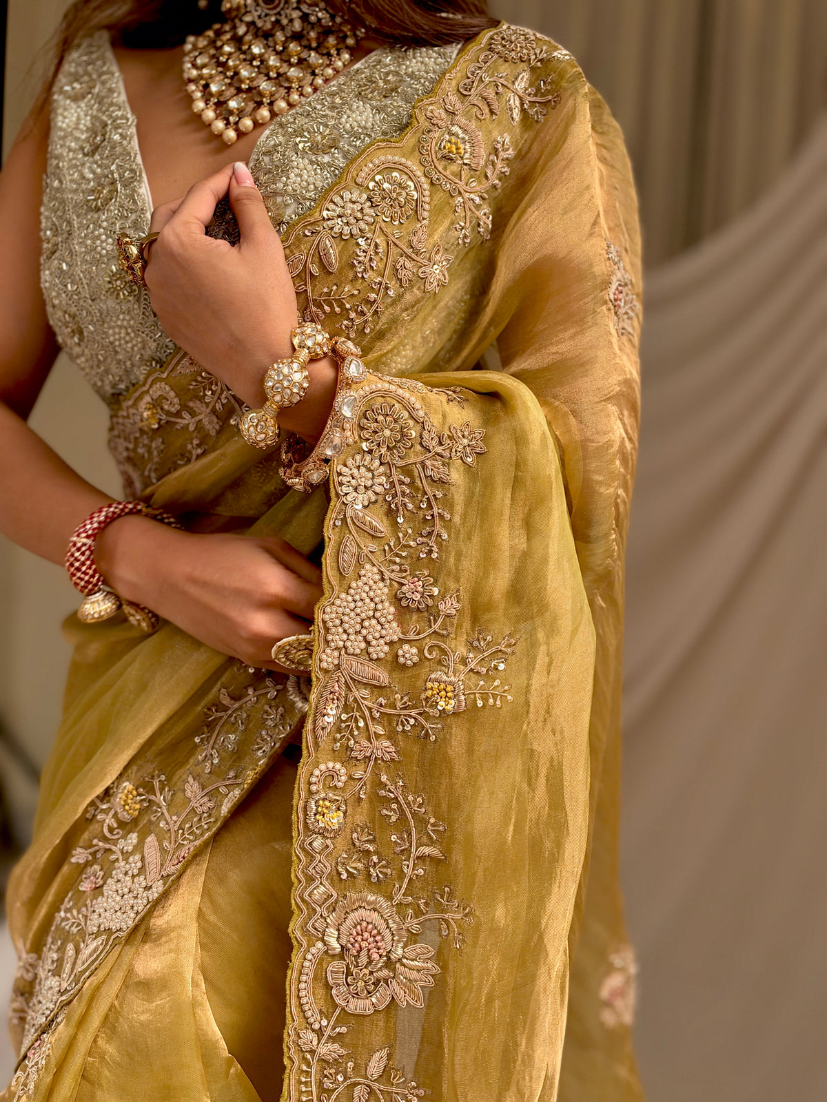 Pure Tissue zardosi Lime saree