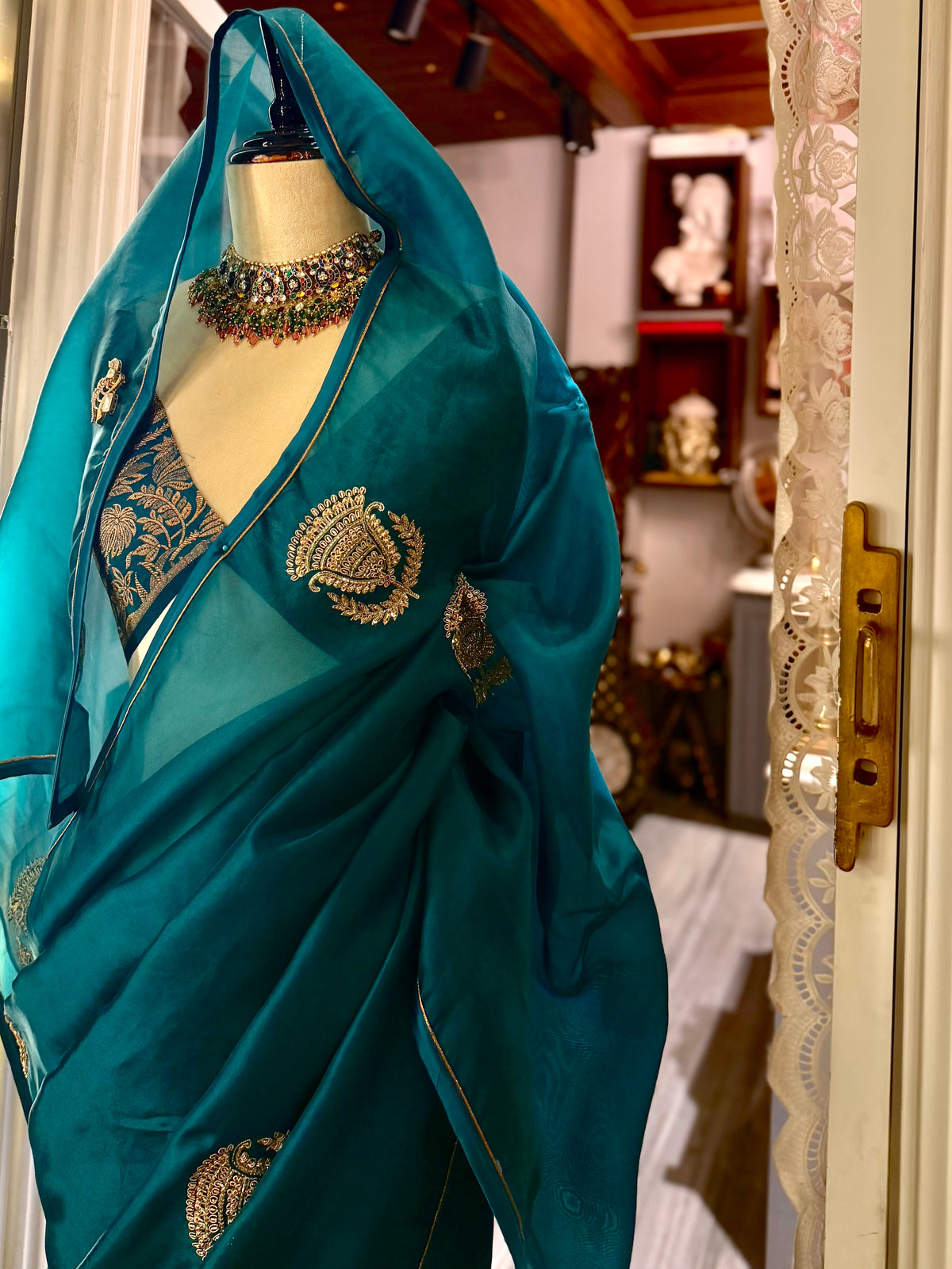 Pure organza Teal Saree