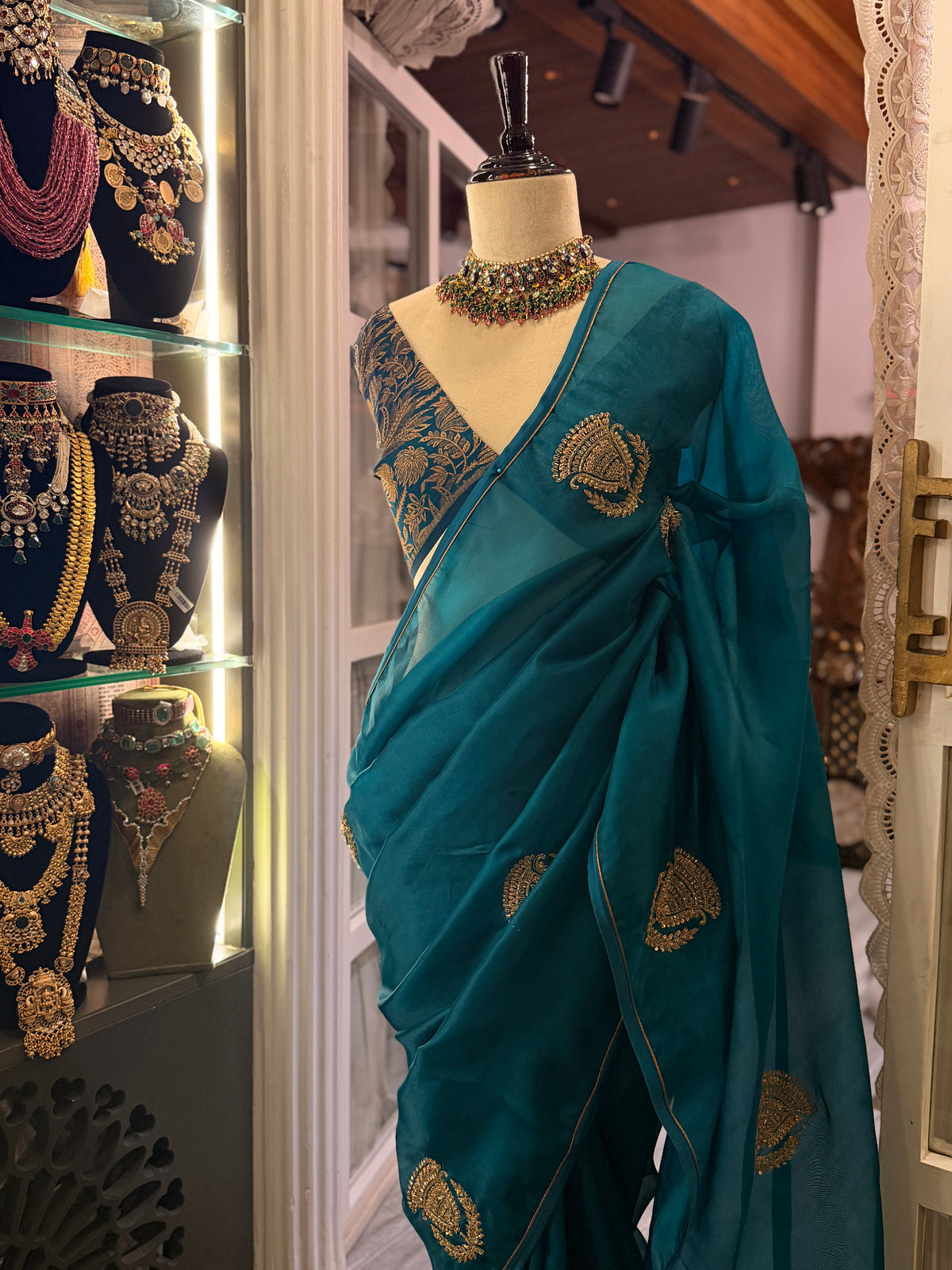 Pure organza Teal Saree