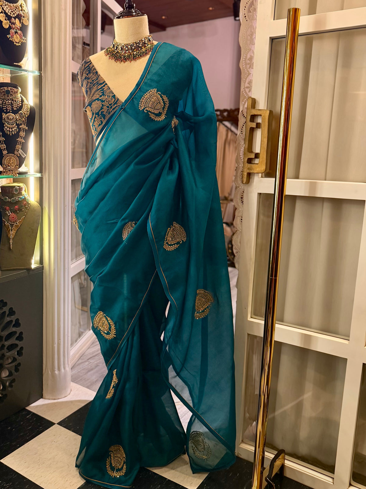Pure organza Teal Saree