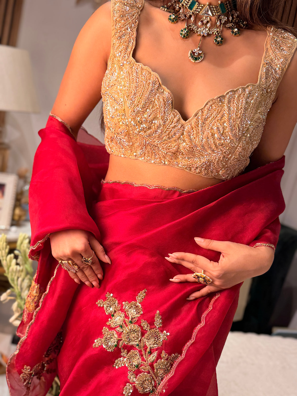 Sindoori Laal latkan Zardosi work pure Organza Saree