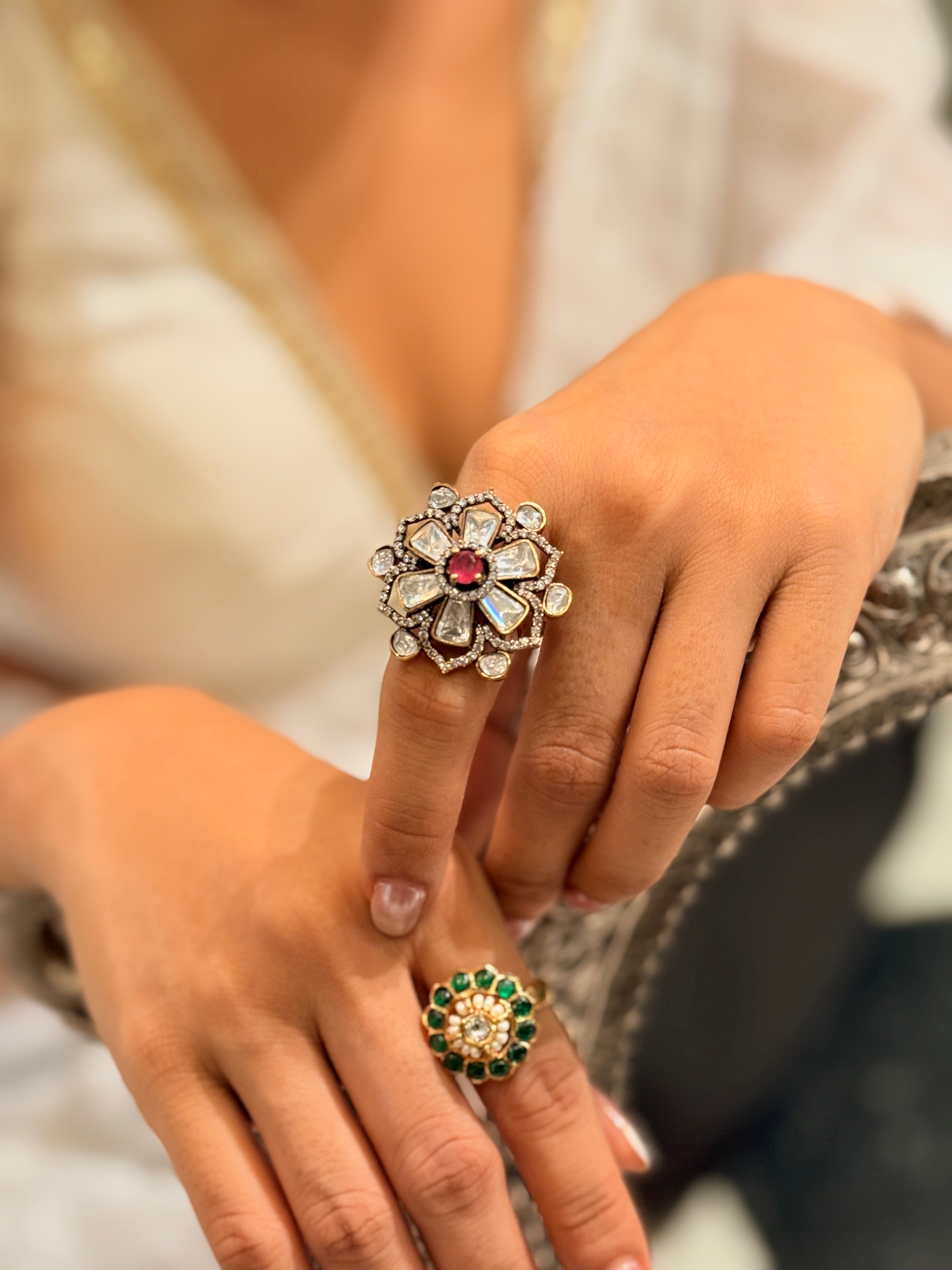 Moissanite Flower Motif Ring