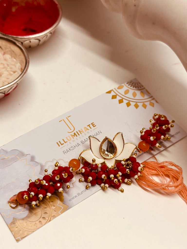 Safed Lotus Red Crystal Rakhi