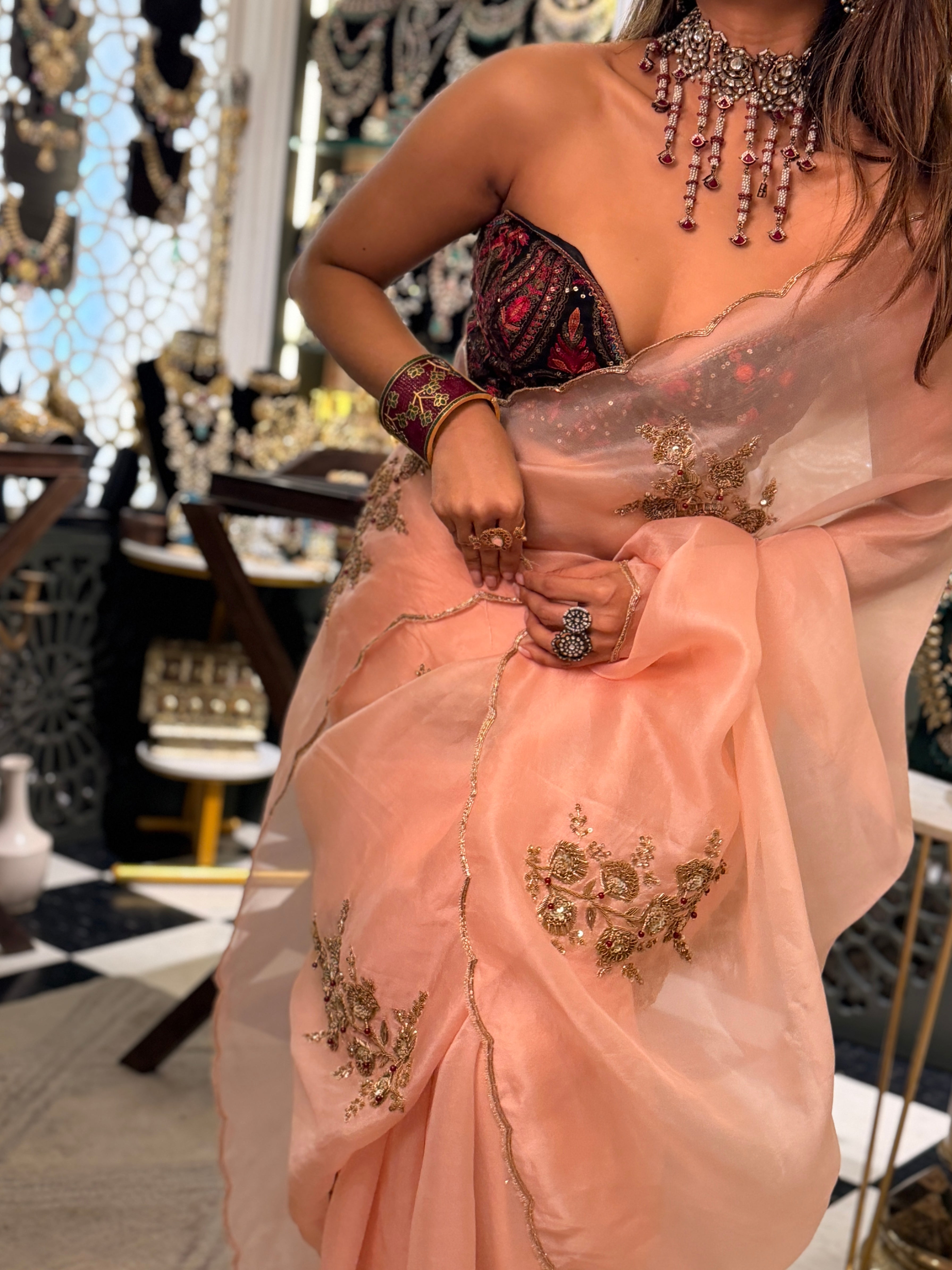 Sheer Blush pink latkan Zardosi work pure  Organza