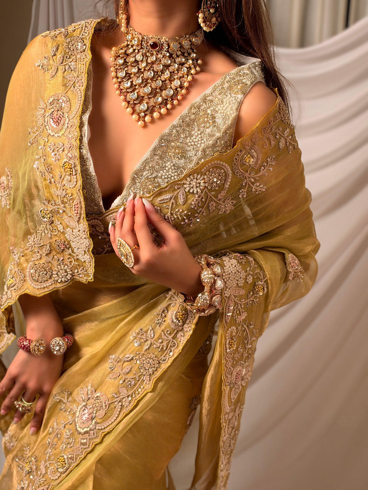 Pure Tissue zardosi Lime saree
