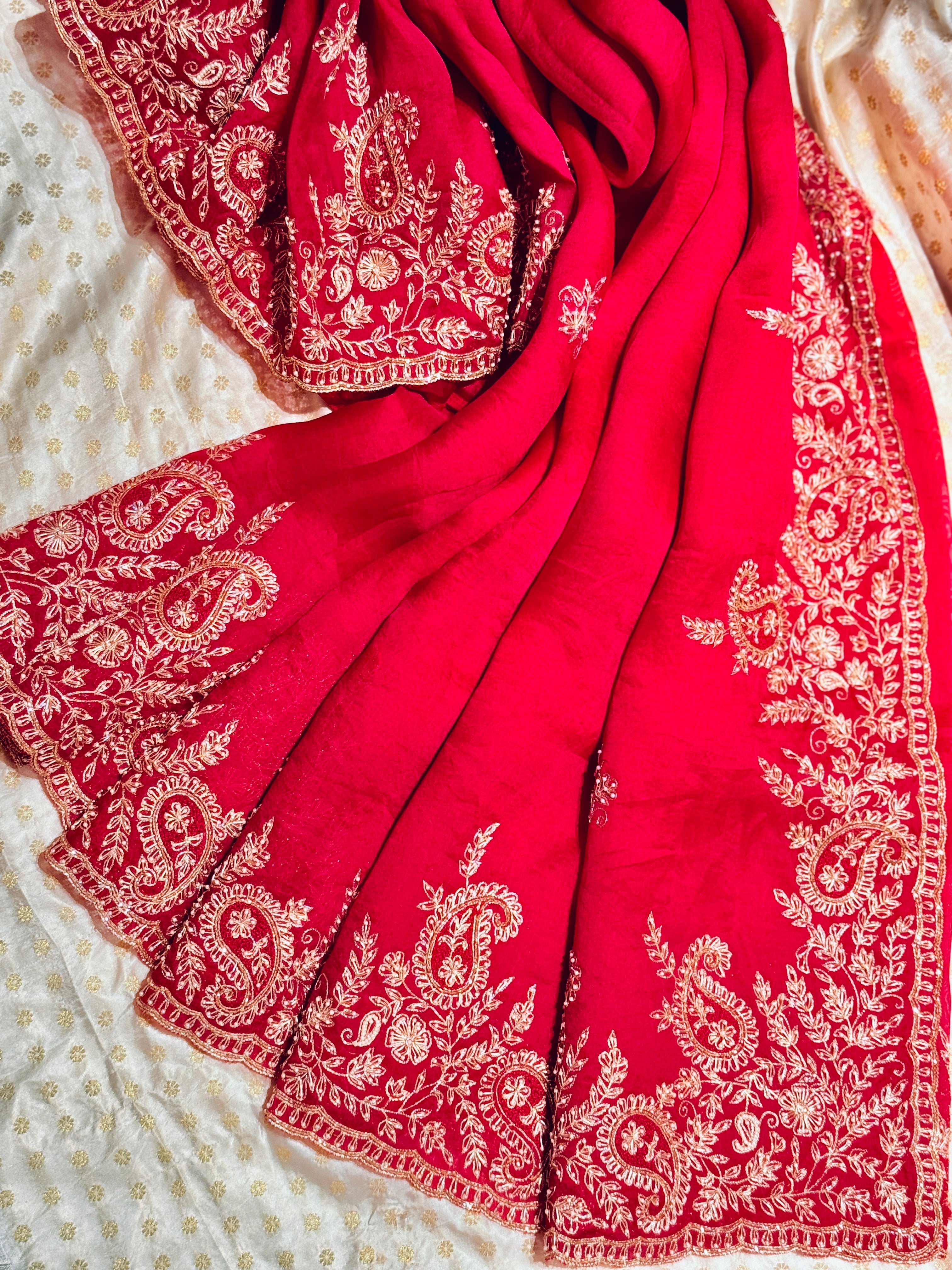 Vermillion Red kora Banasari Zardosi silk saree