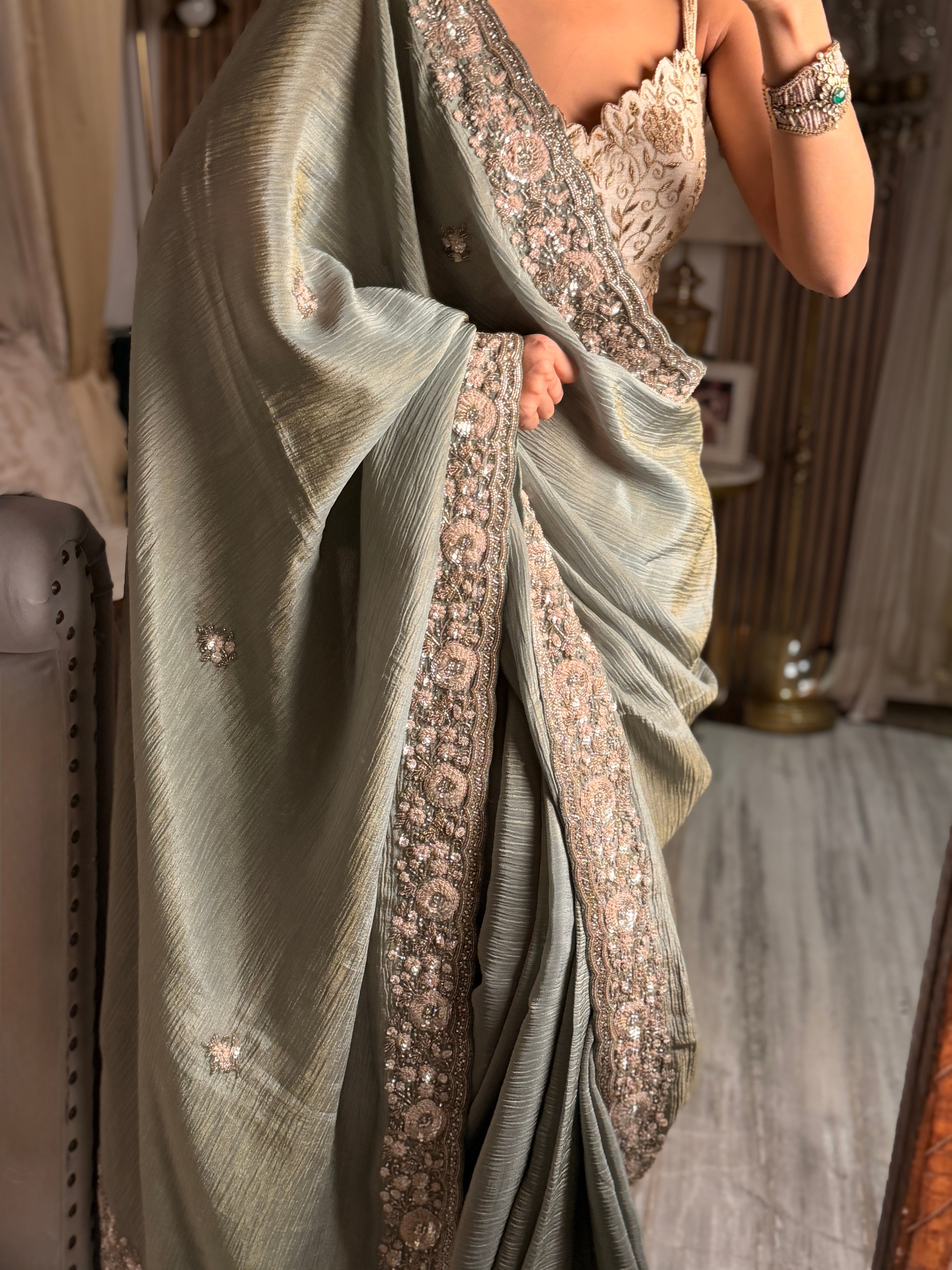 Sage sequin Dahlia Saree