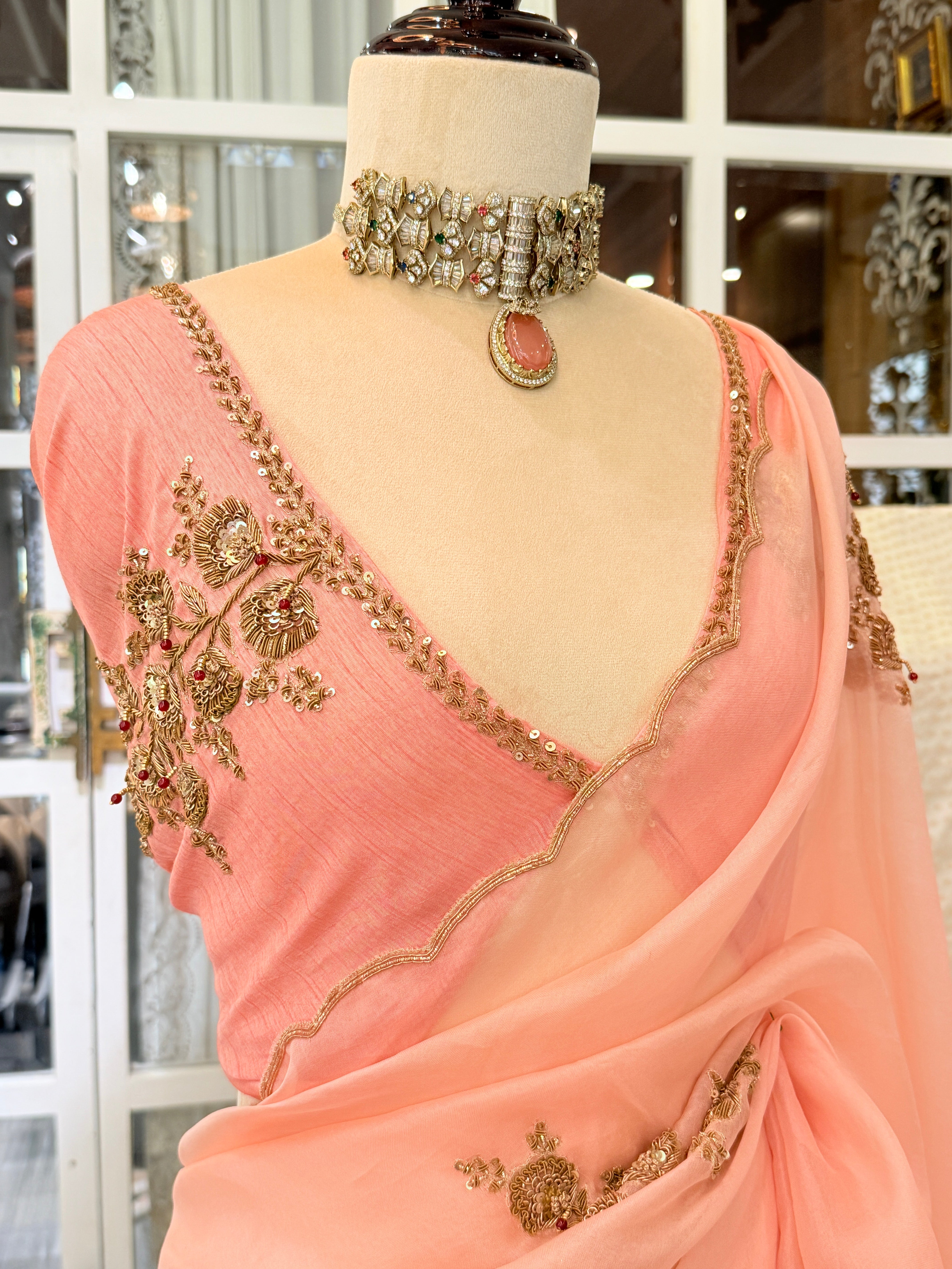 Sheer Blush pink latkan Zardosi work Banarasi kora silk Designer saree