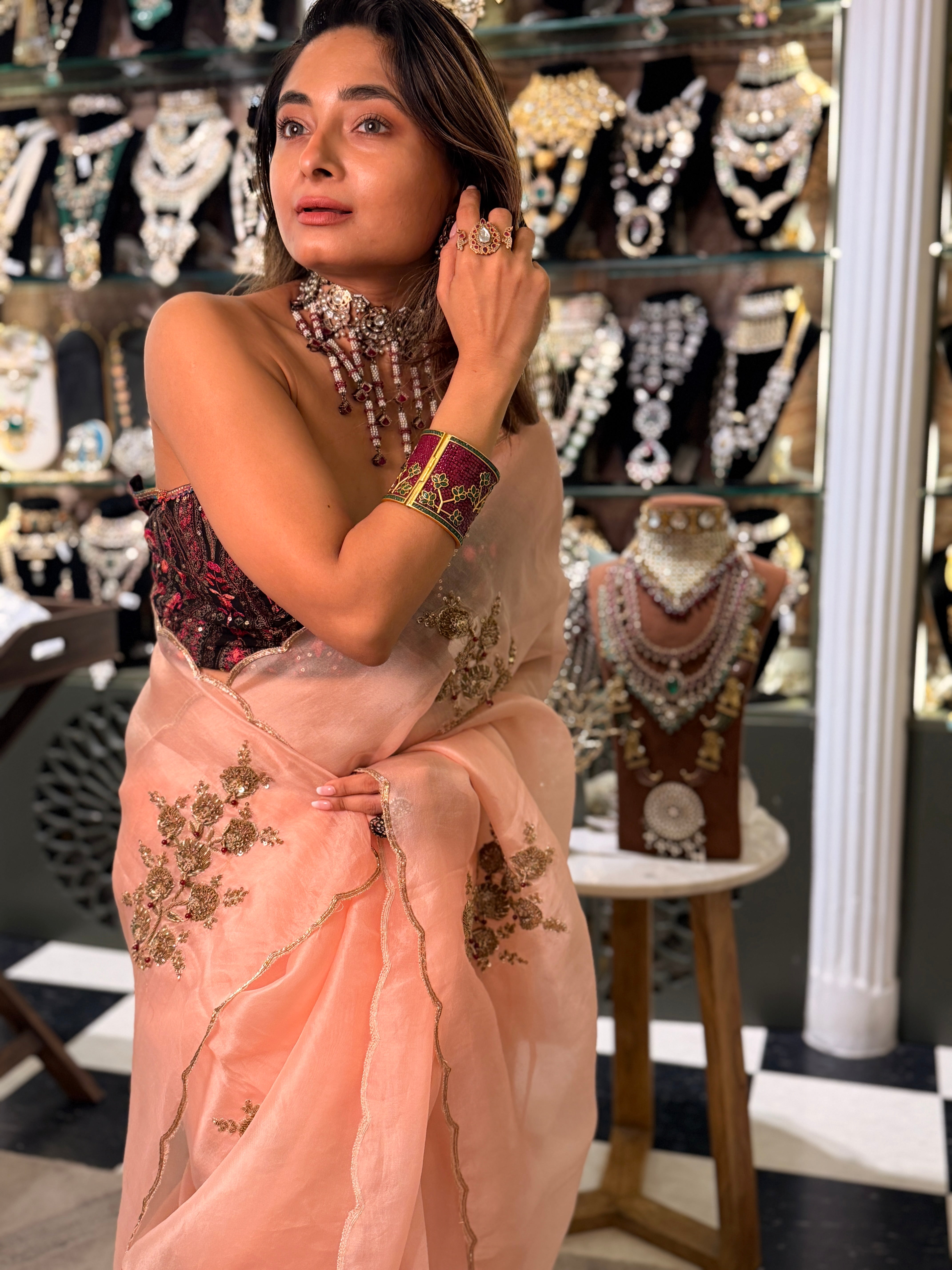 Sheer Blush pink latkan Zardosi work pure  Organza