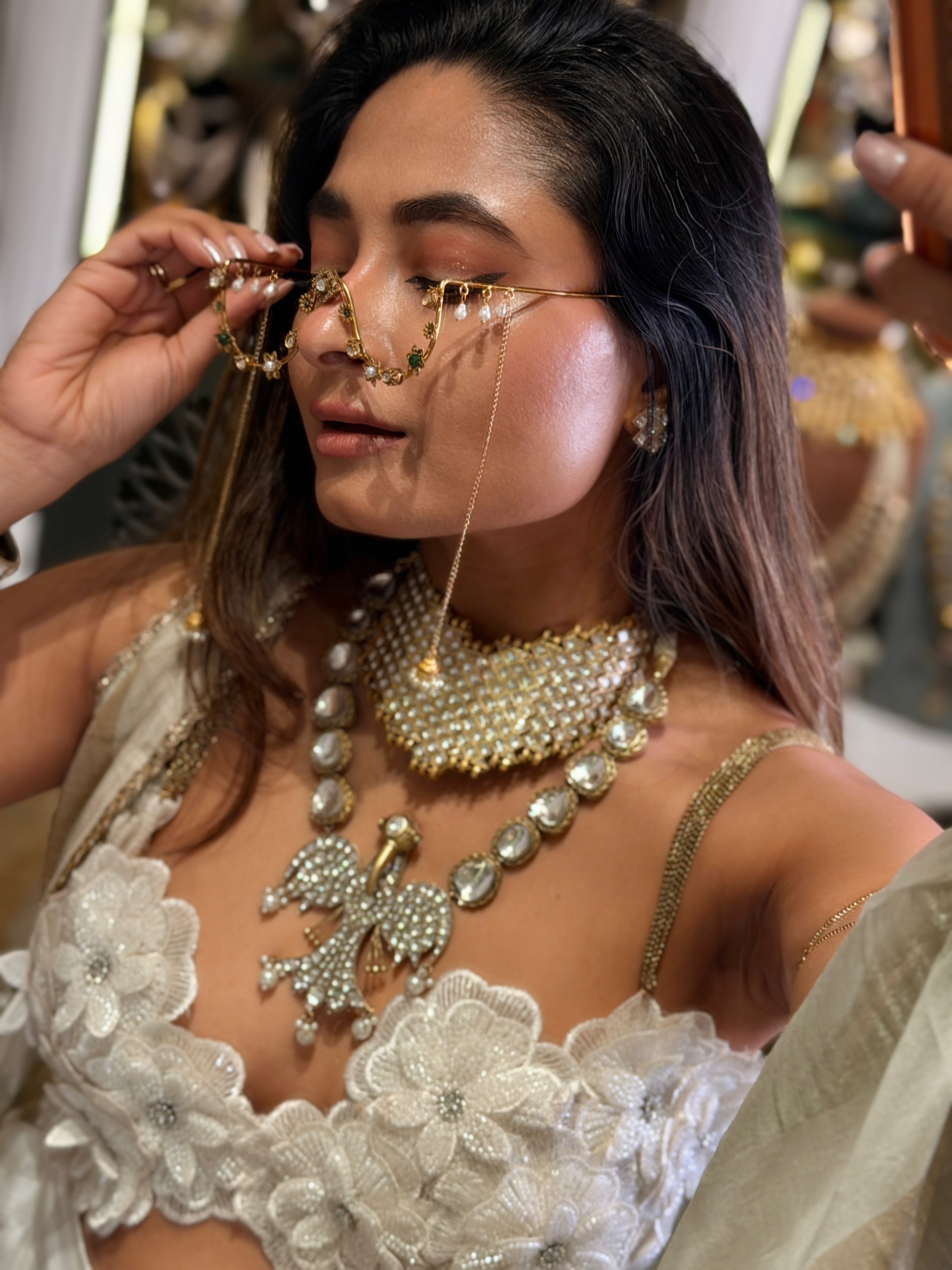 Kundan embellished tripe pearl drop jhumka dangling Facelet