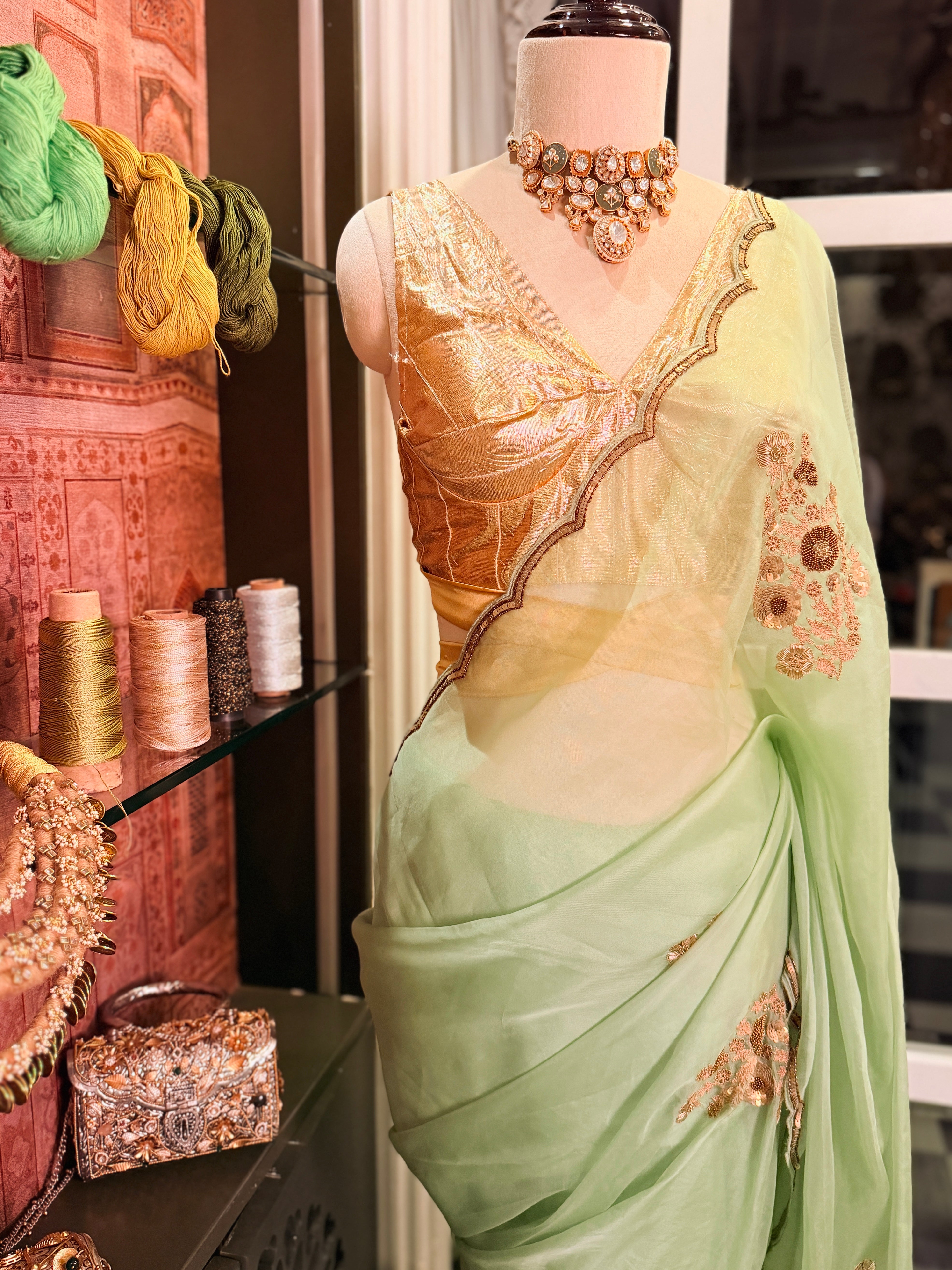 Sheer Pista Bageecha Saree
