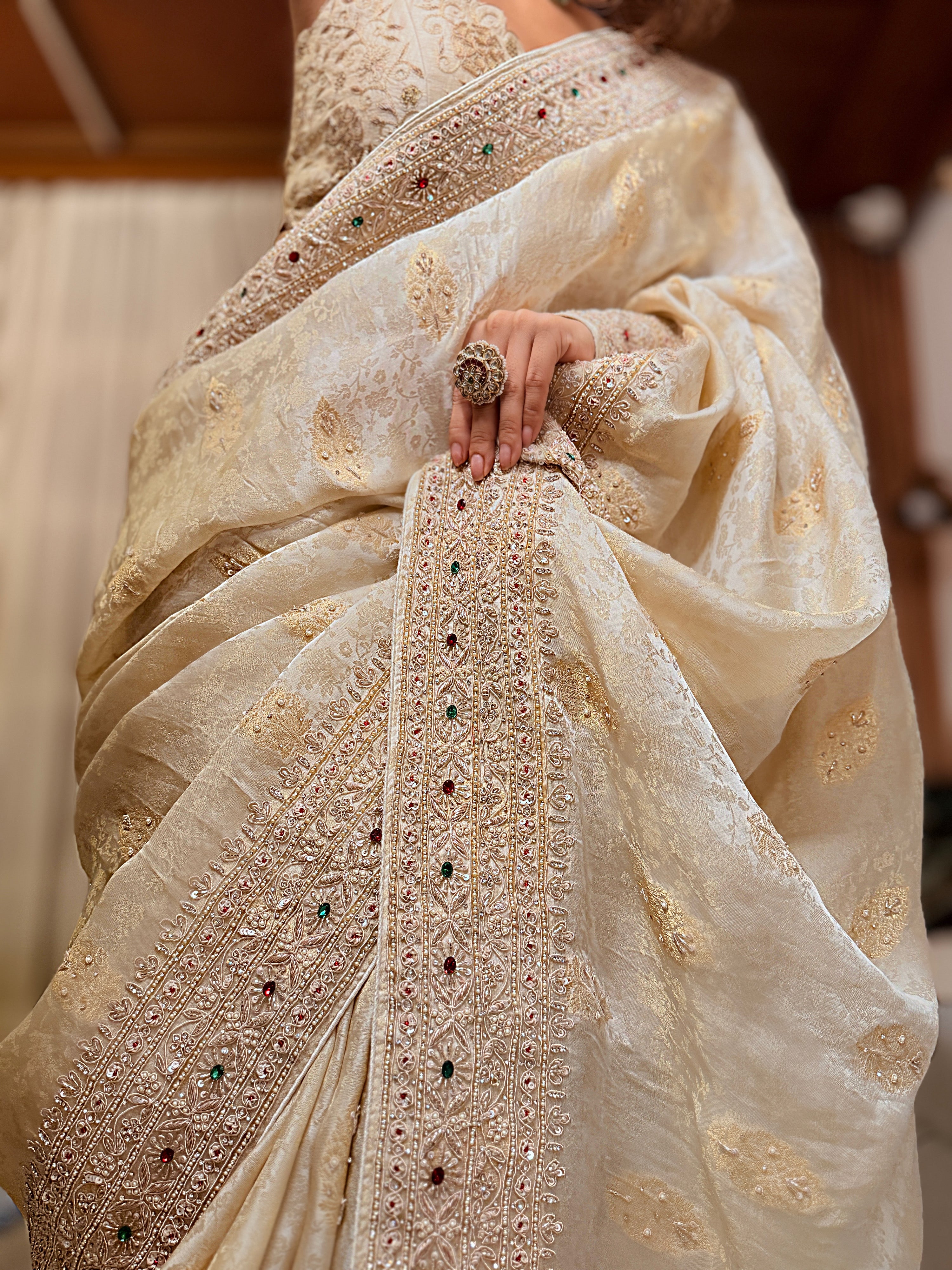 Ivory zari woven Chanderi Heavy Zardosi Hand-embroidered Saree with unstitched Blouse piece