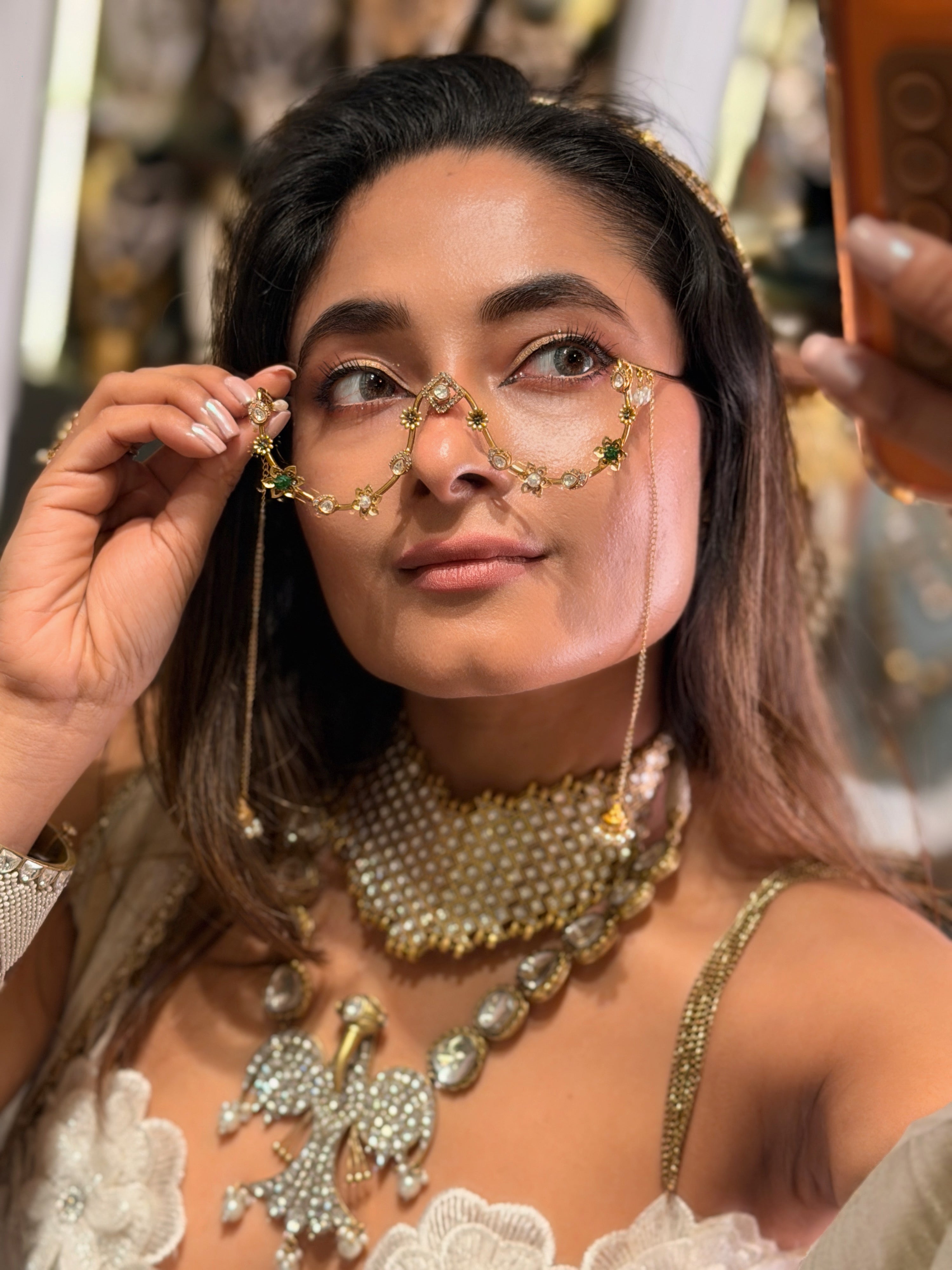 Kundan embellished tripe pearl drop jhumka dangling Facelet