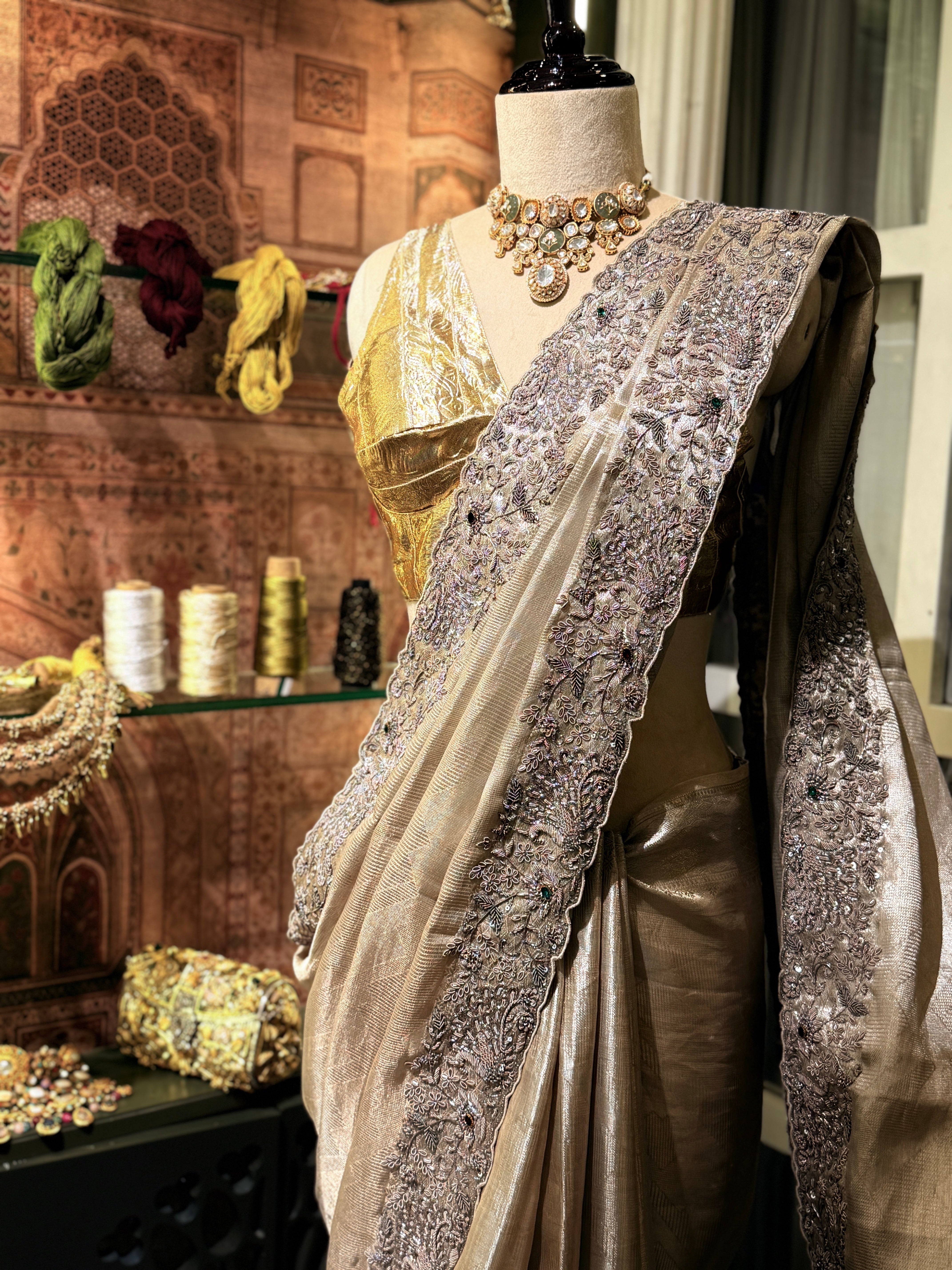 Pure Tissue Silver Jacquard Heavy hand embroidered saree