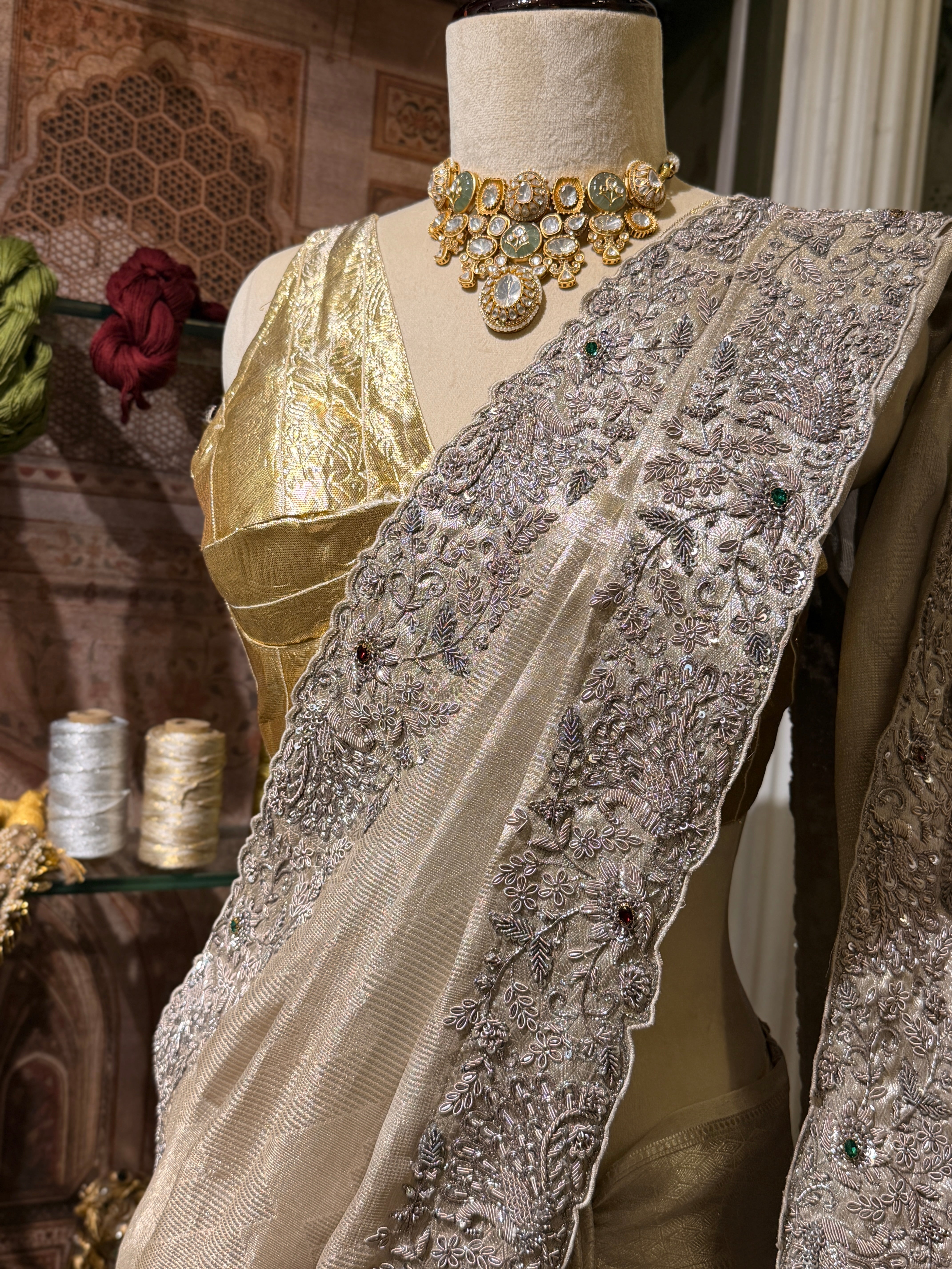 Pure Tissue Silver Jacquard Heavy hand embroidered saree