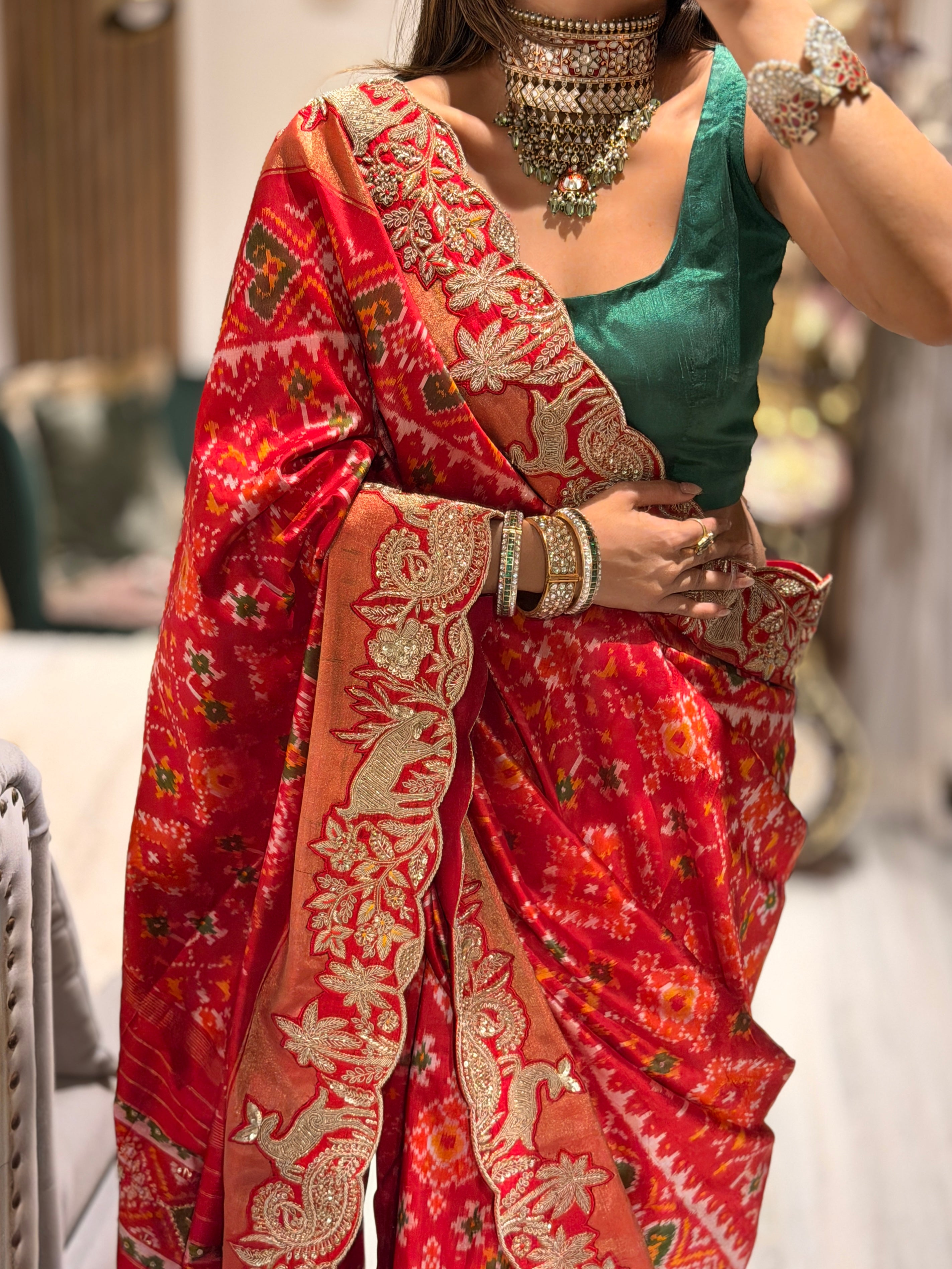 Double Ikkat pure Patola silk with zardosi heavy hand-embroidery