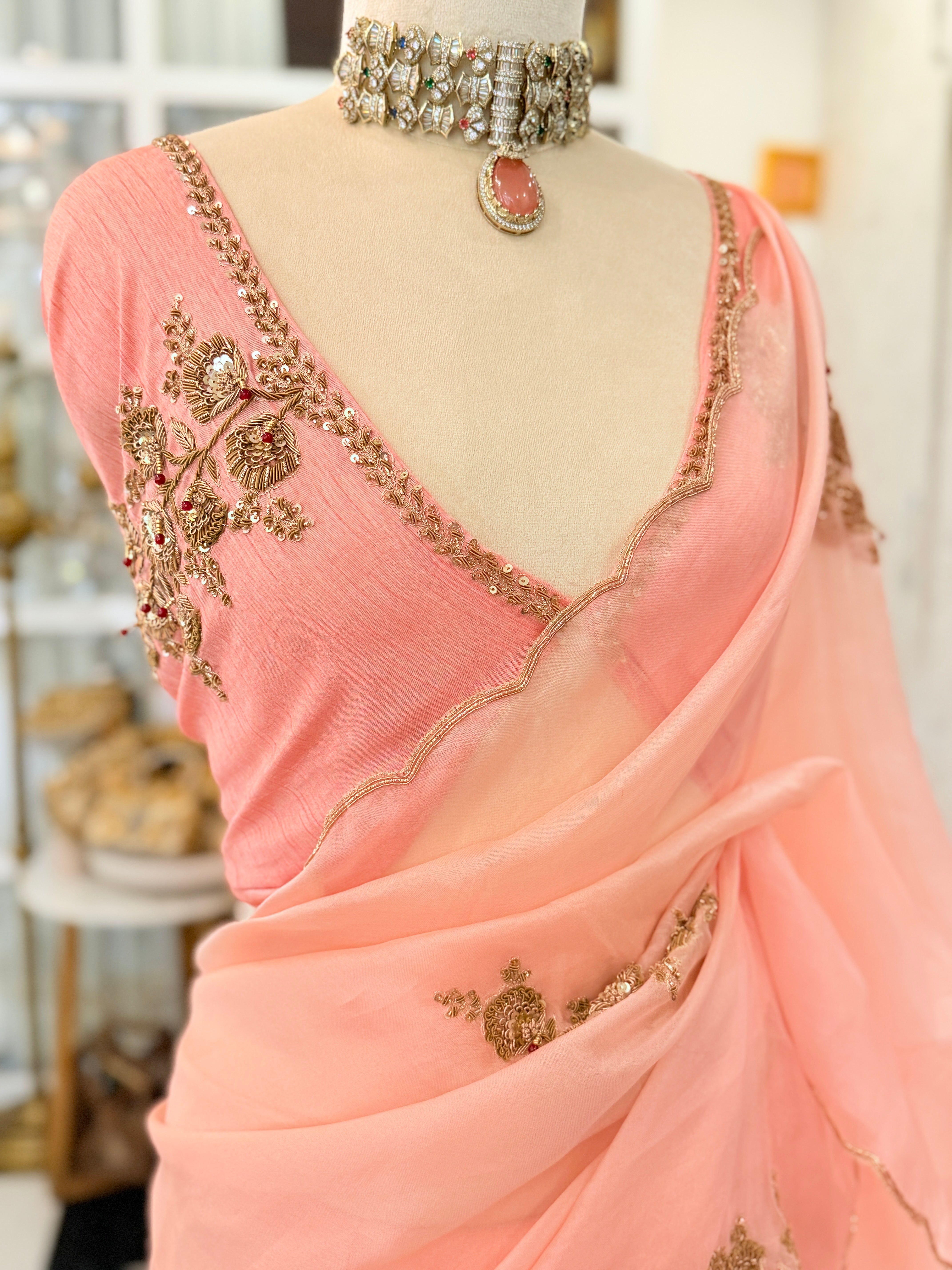 Sheer Blush pink latkan Zardosi work Banarasi kora silk Designer saree