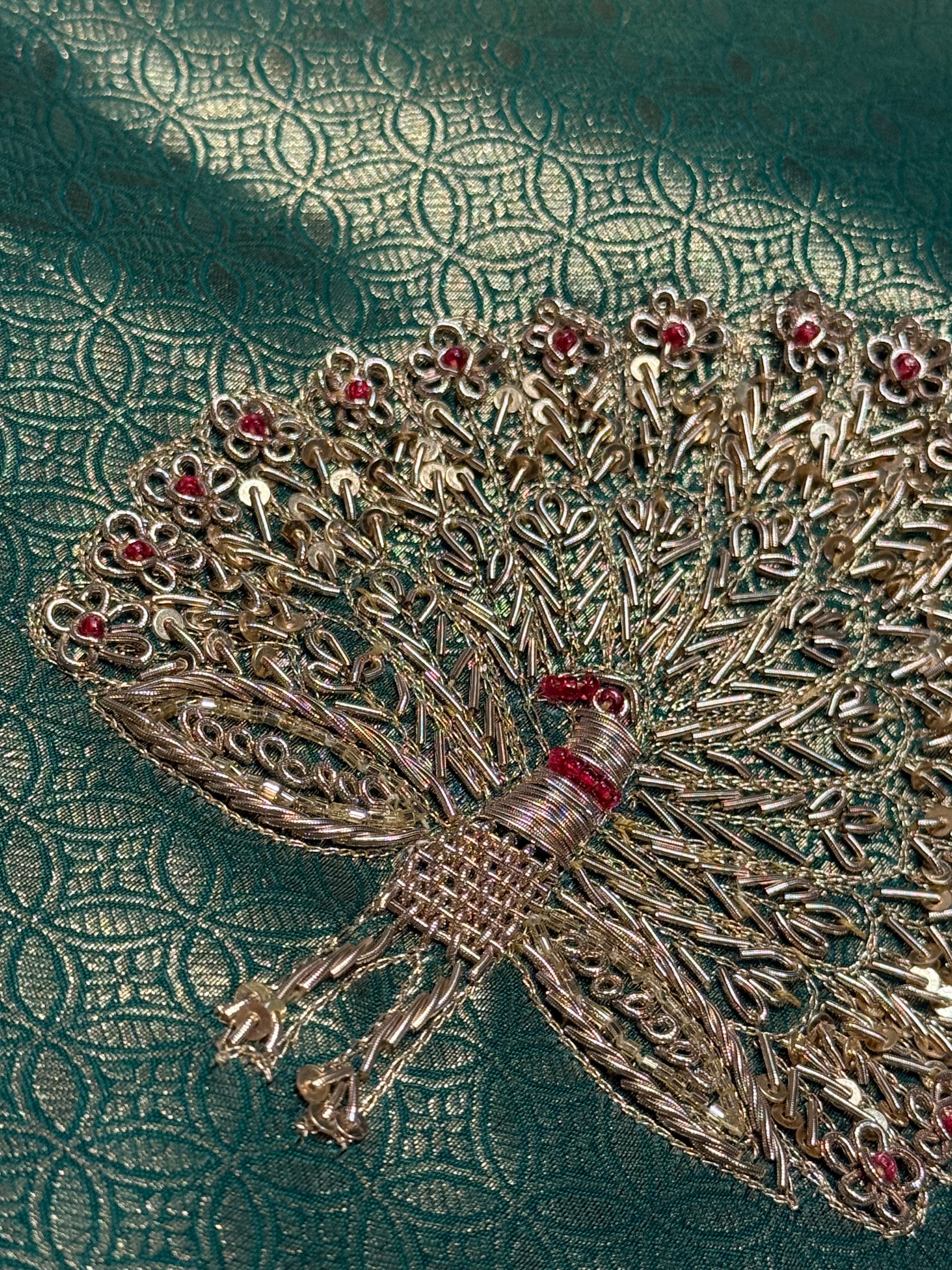 Zardosi peacock motif brocade silk saree