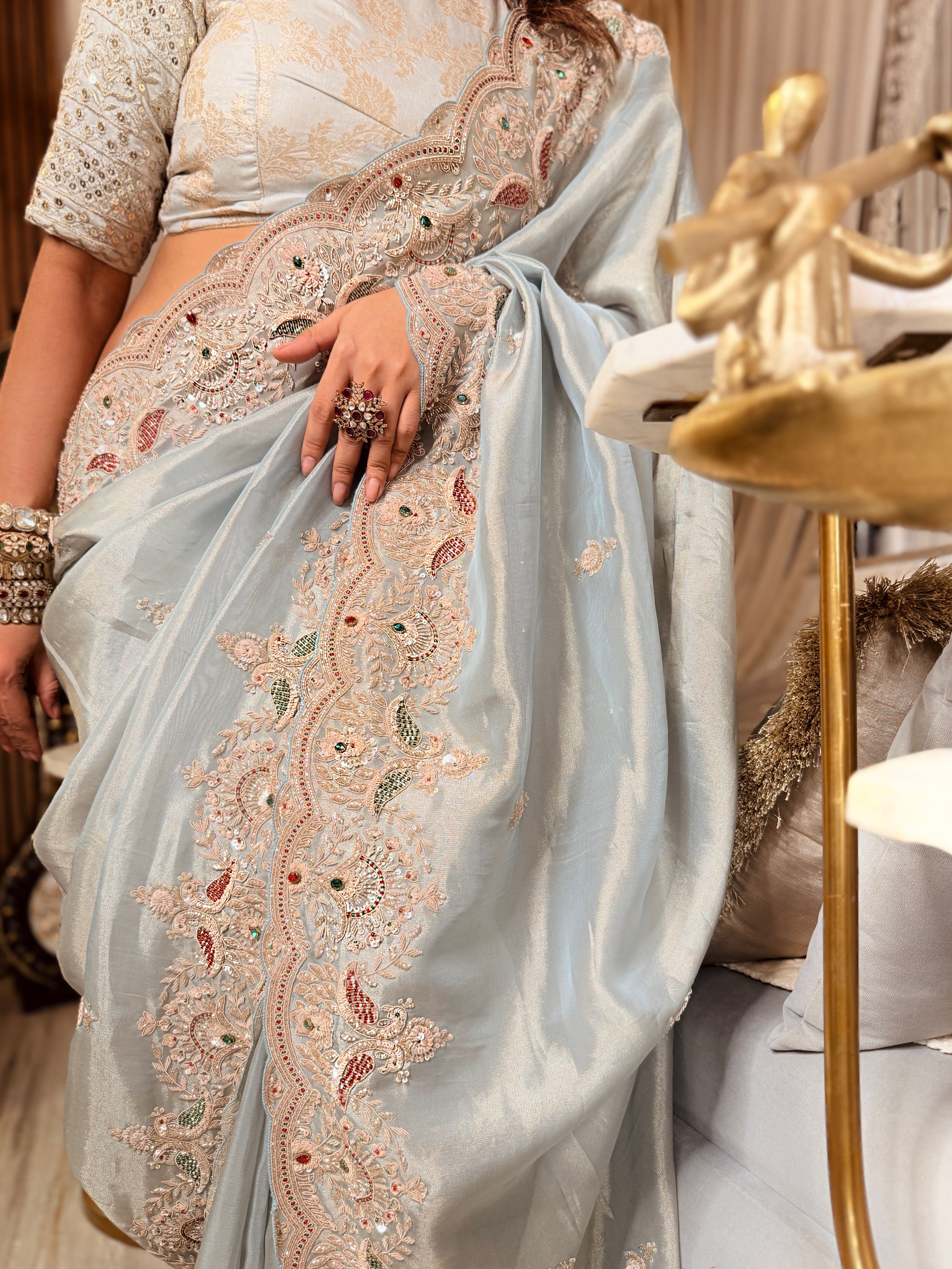 Pastel Sky-Blue zari woven Kanjivaram Tissue Heavy Zardosi Designer Saree with Blouse piece