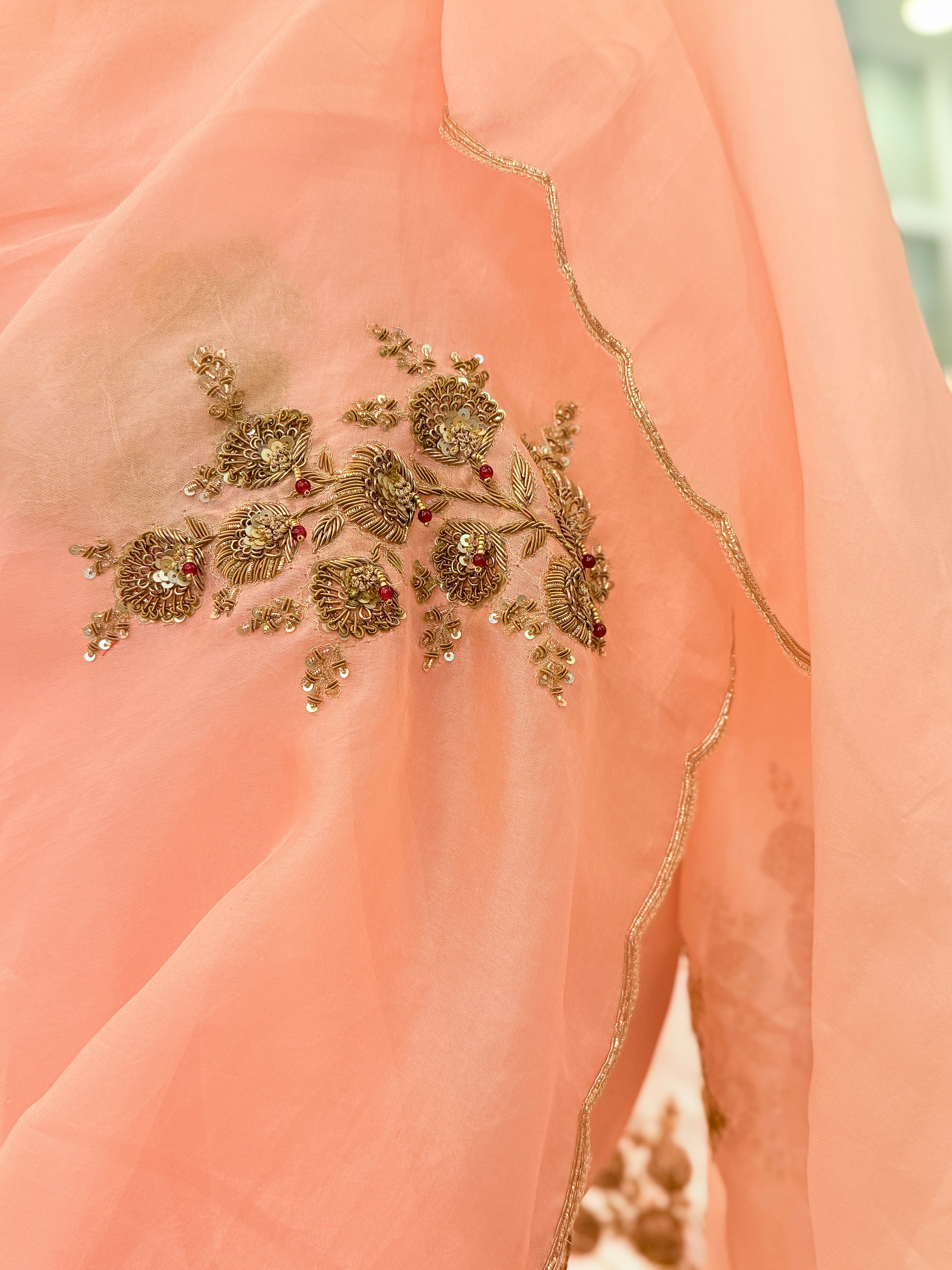 Sheer Blush pink latkan Zardosi work Banarasi kora silk Designer saree