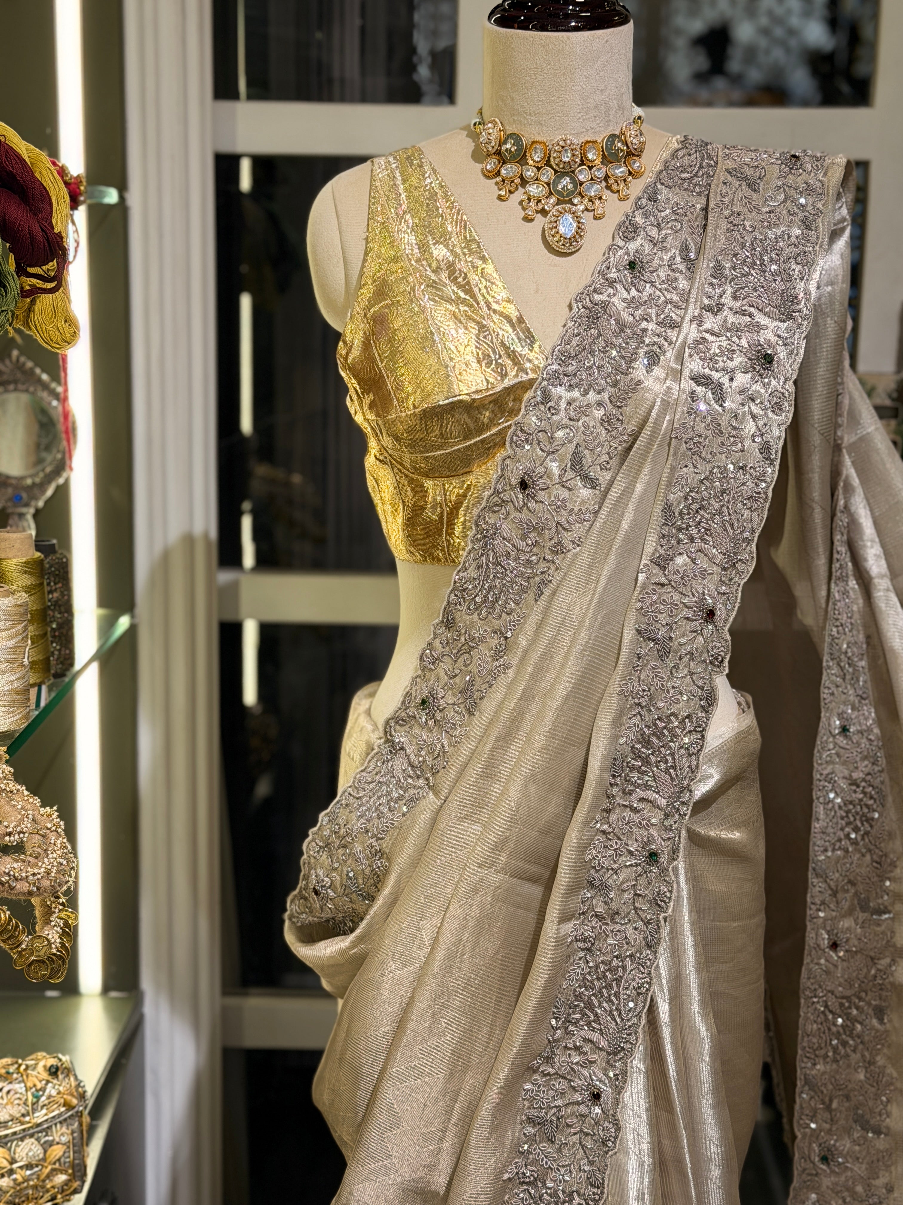 Pure Tissue Silver Jacquard Heavy hand embroidered saree