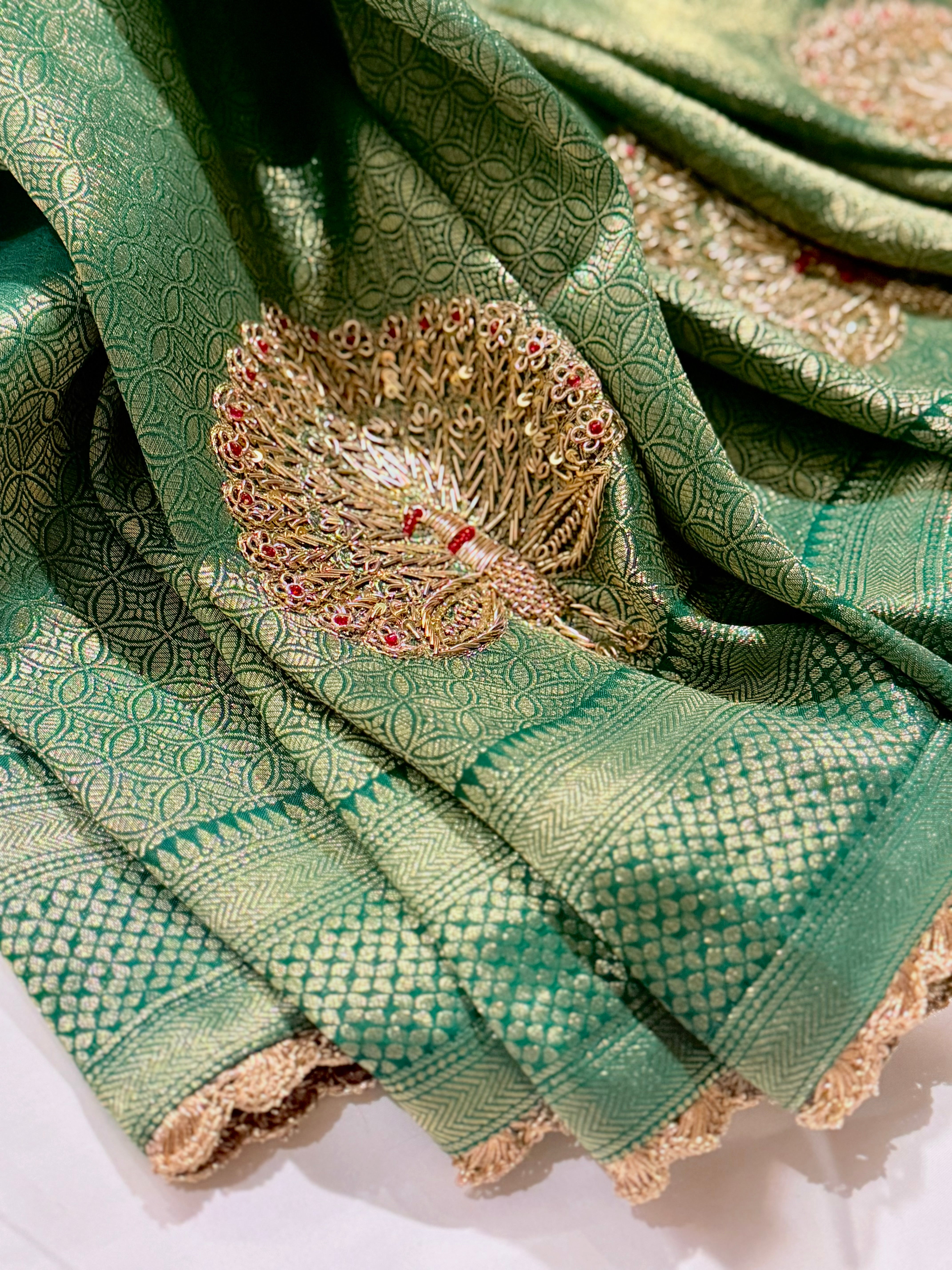 Zardosi peacock motif brocade silk saree