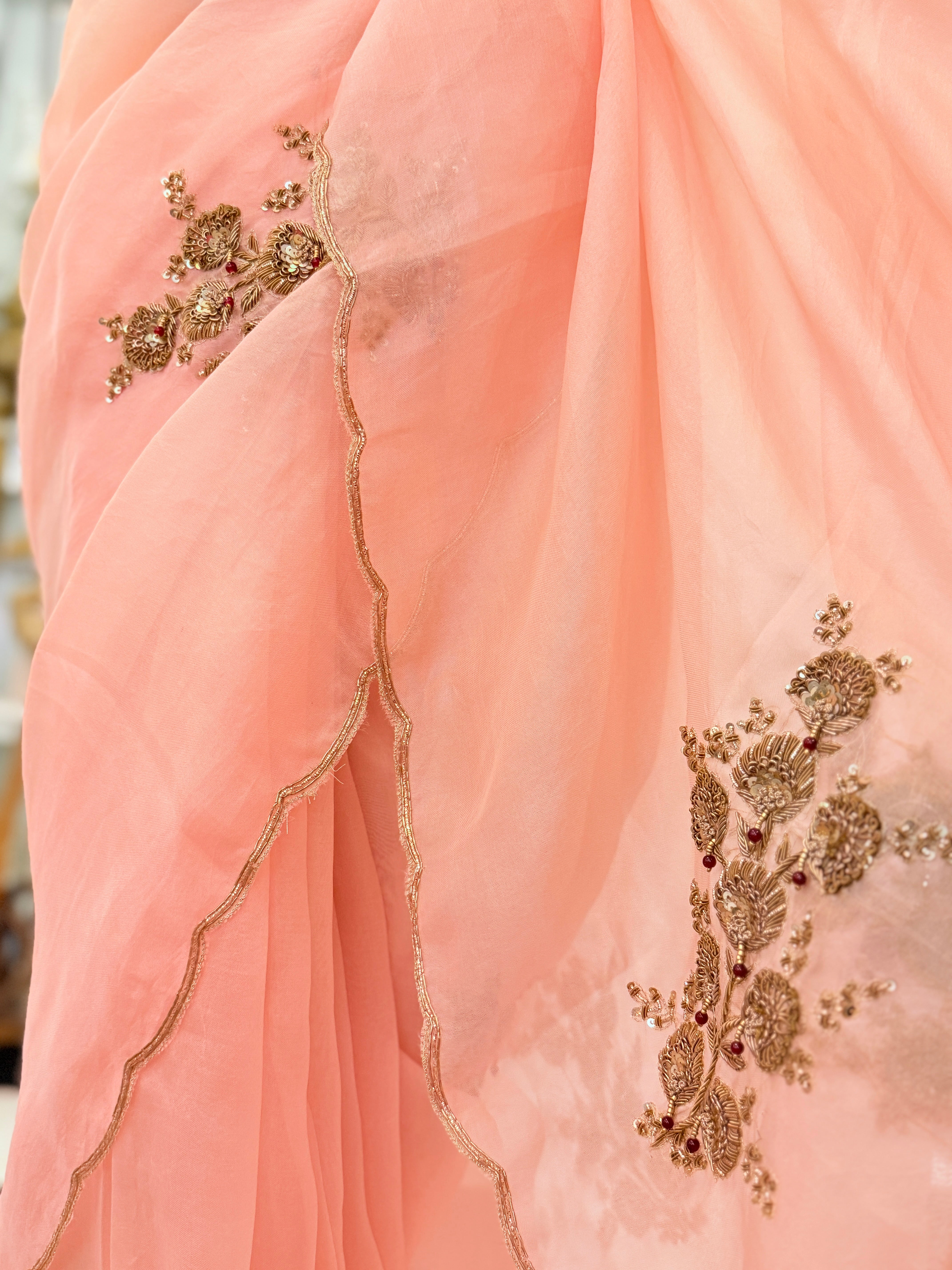 Sheer Blush pink latkan Zardosi work Banarasi kora silk Designer saree