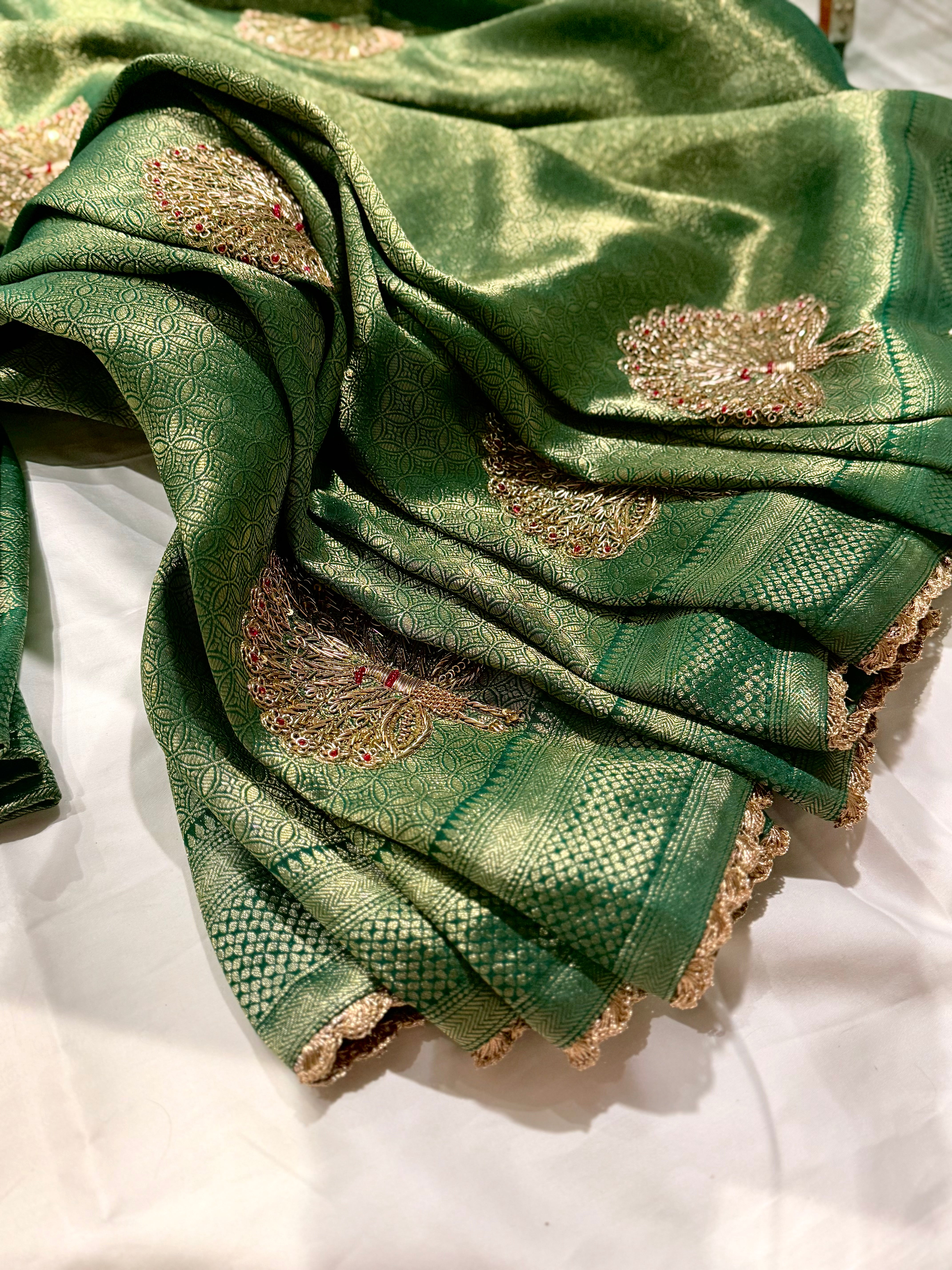 Zardosi peacock motif brocade silk saree