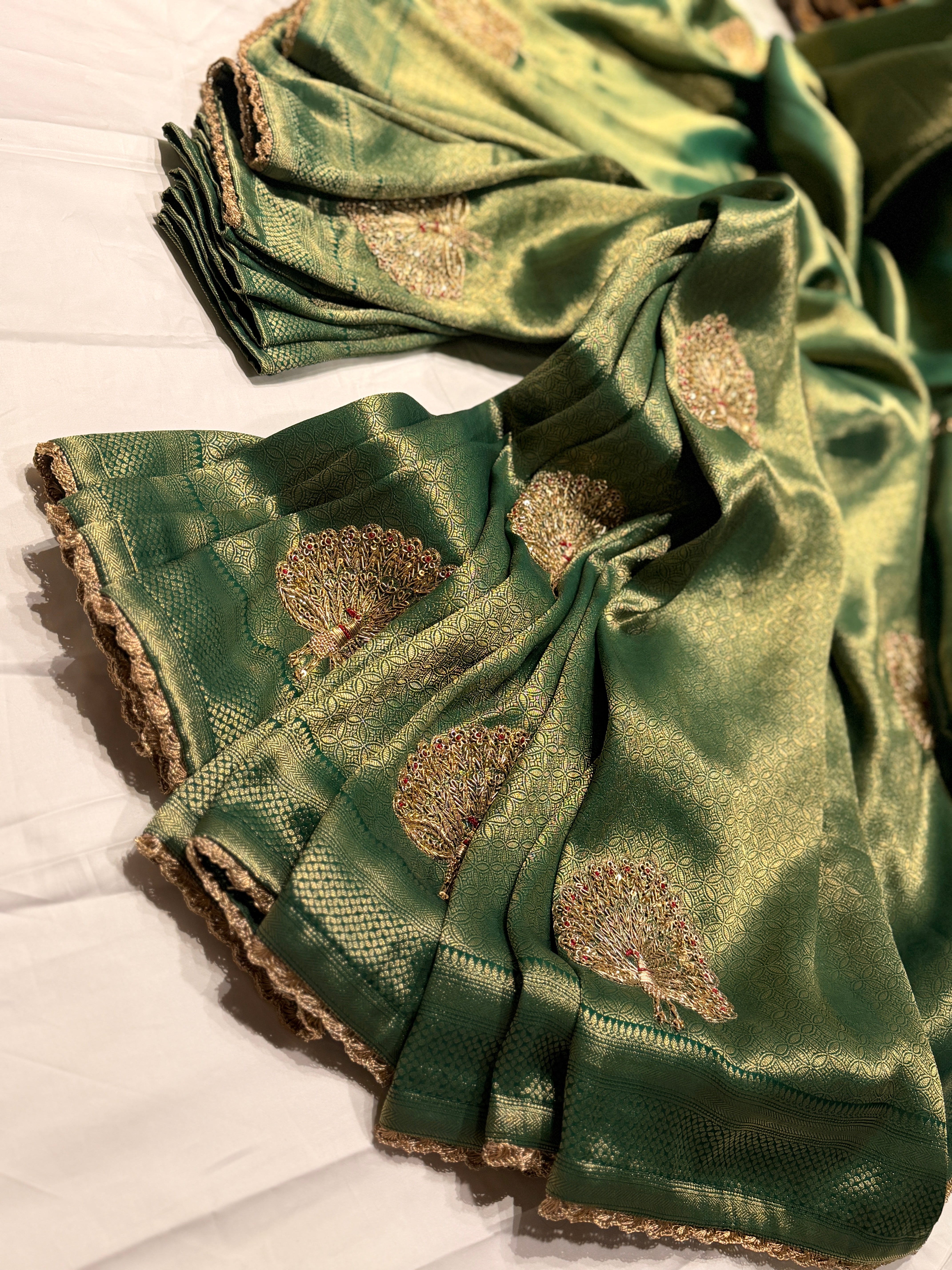 Zardosi peacock motif brocade silk saree