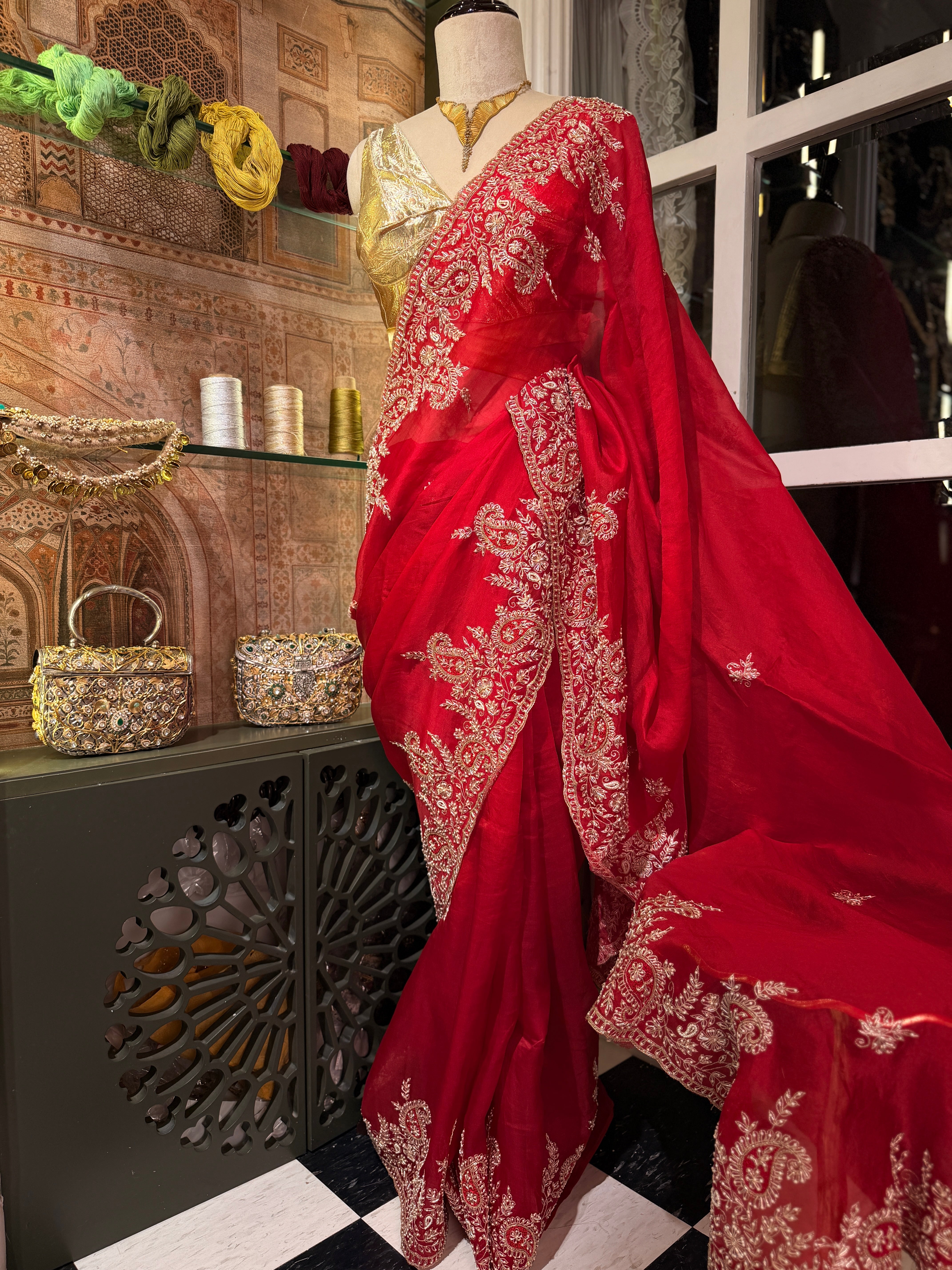 Mango Butta Red Pure Organza saree