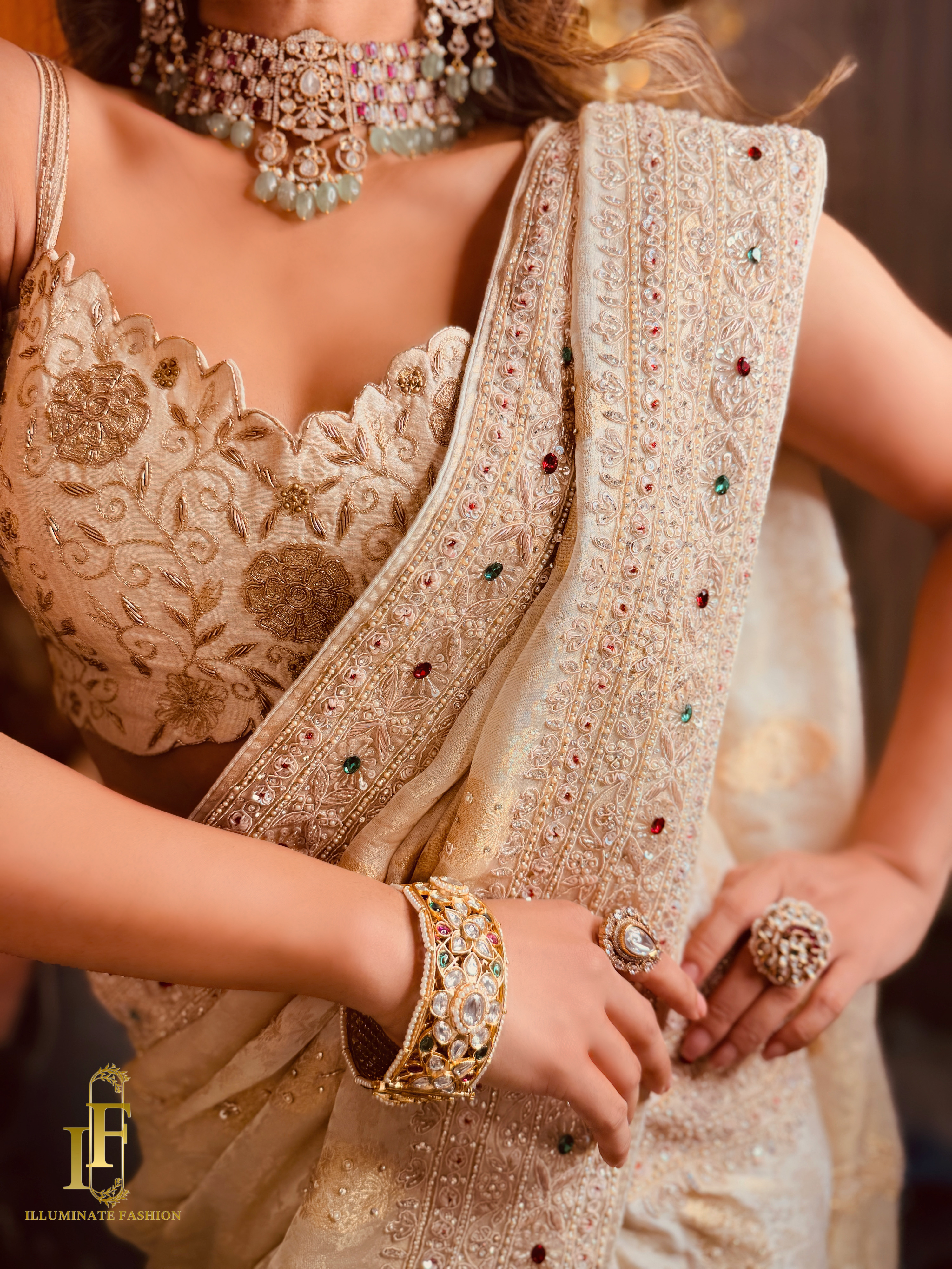 Ivory zari woven Chanderi Heavy Zardosi Hand-embroidered Saree with unstitched Blouse piece