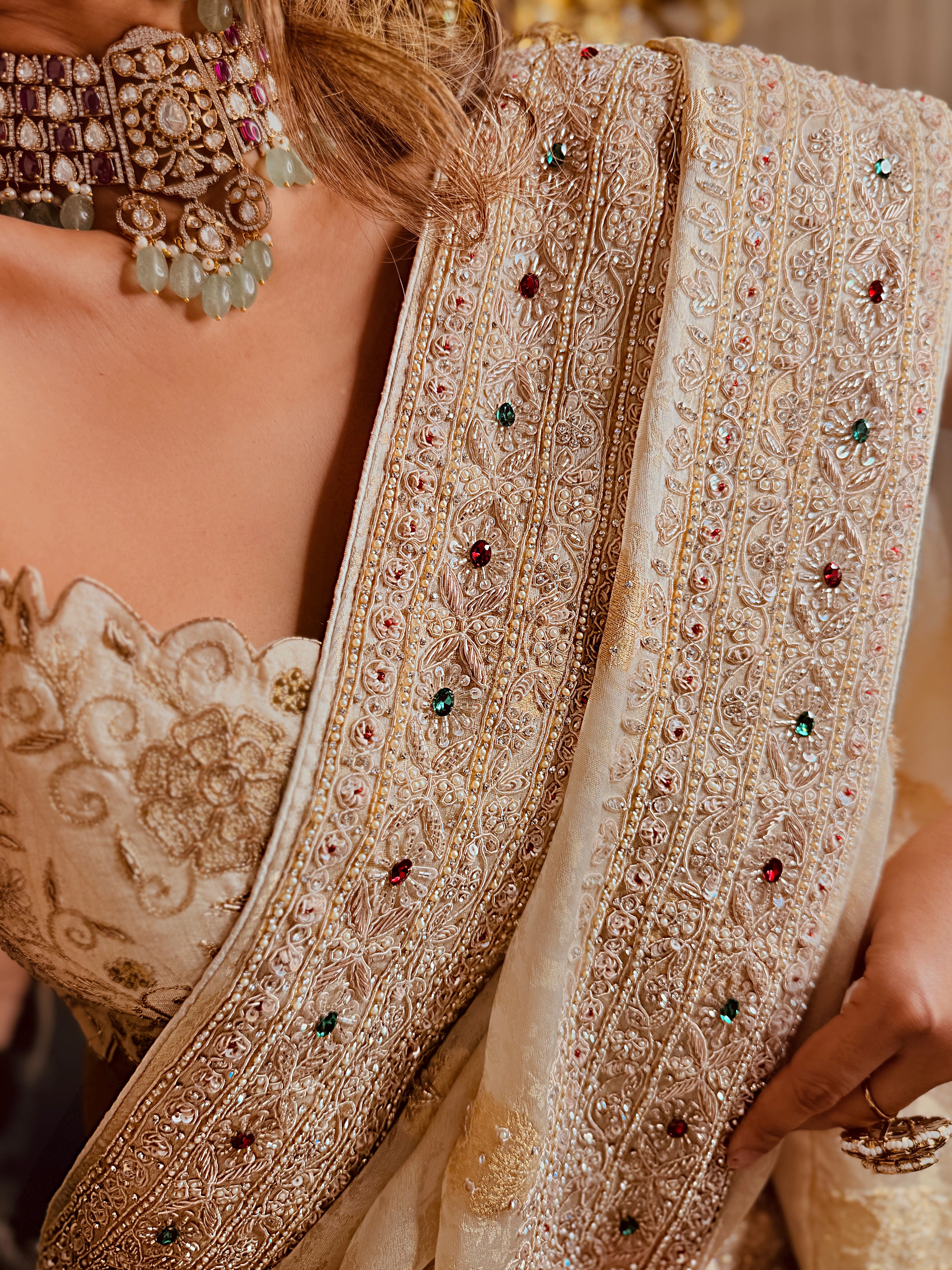 Ivory zari woven Chanderi Heavy Zardosi Hand-embroidered Saree with unstitched Blouse piece