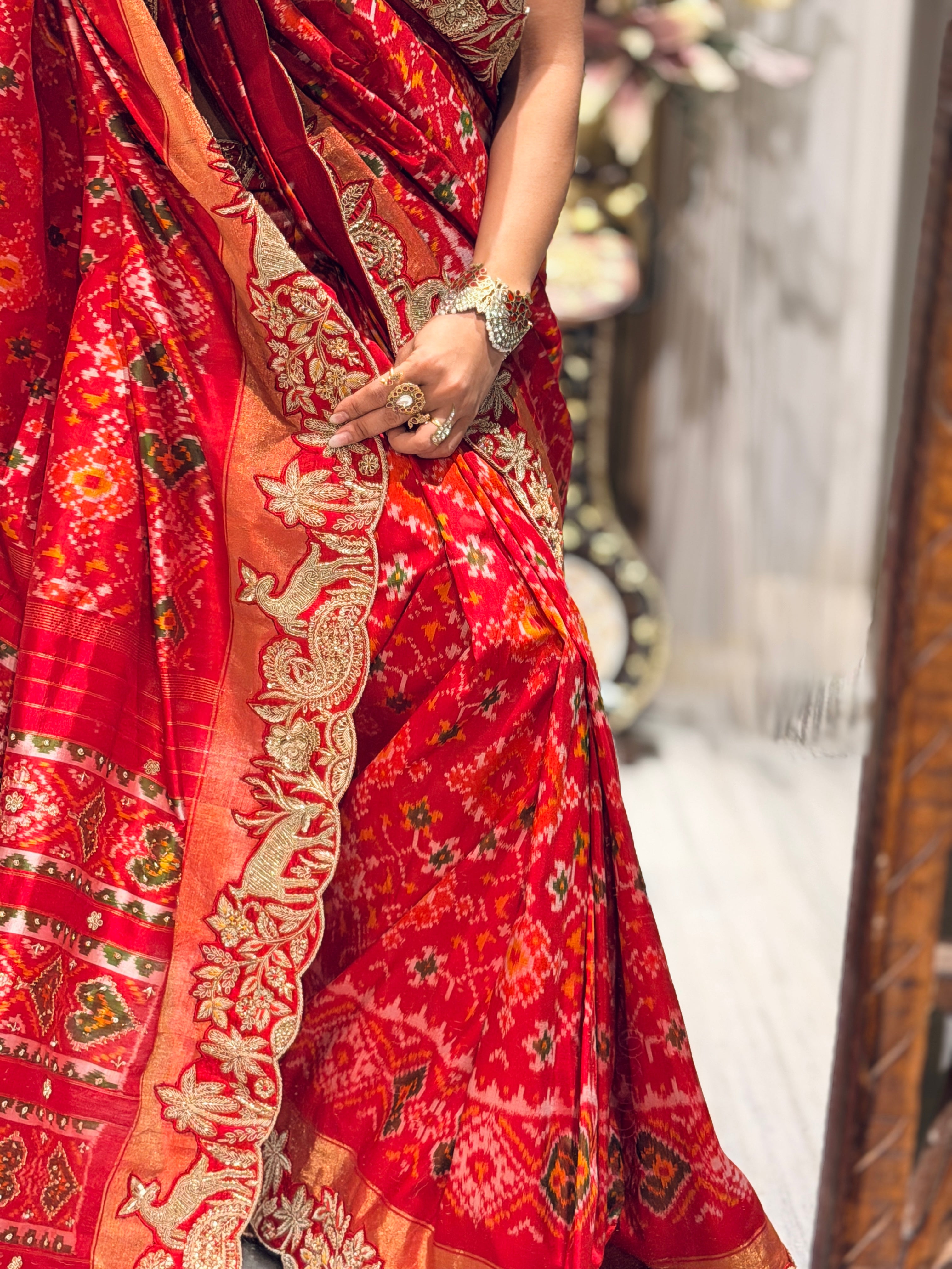 Double Ikkat pure Patola silk with zardosi heavy hand-embroidery