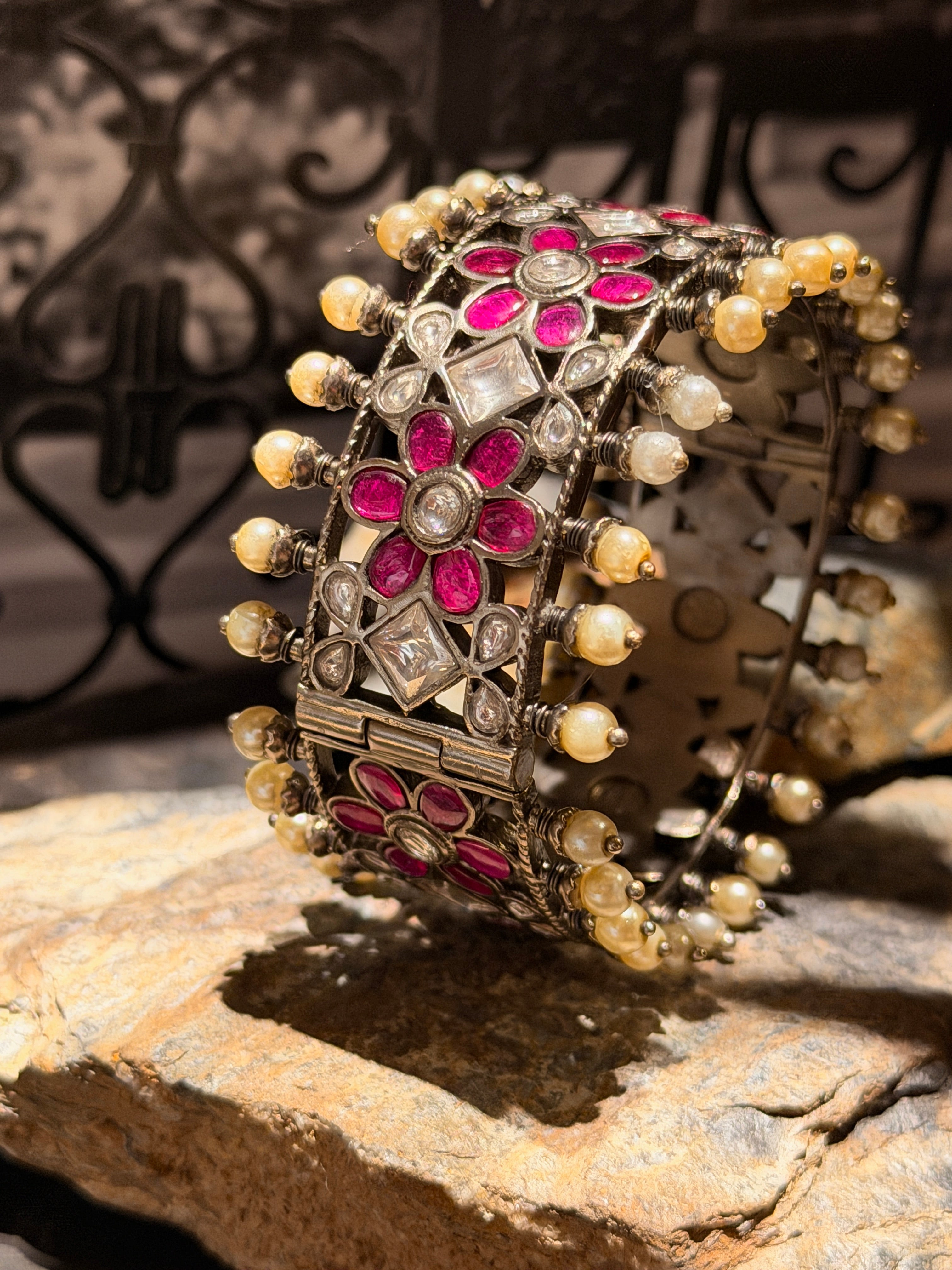 Antique Silver phool moti bangle - MAHIRA