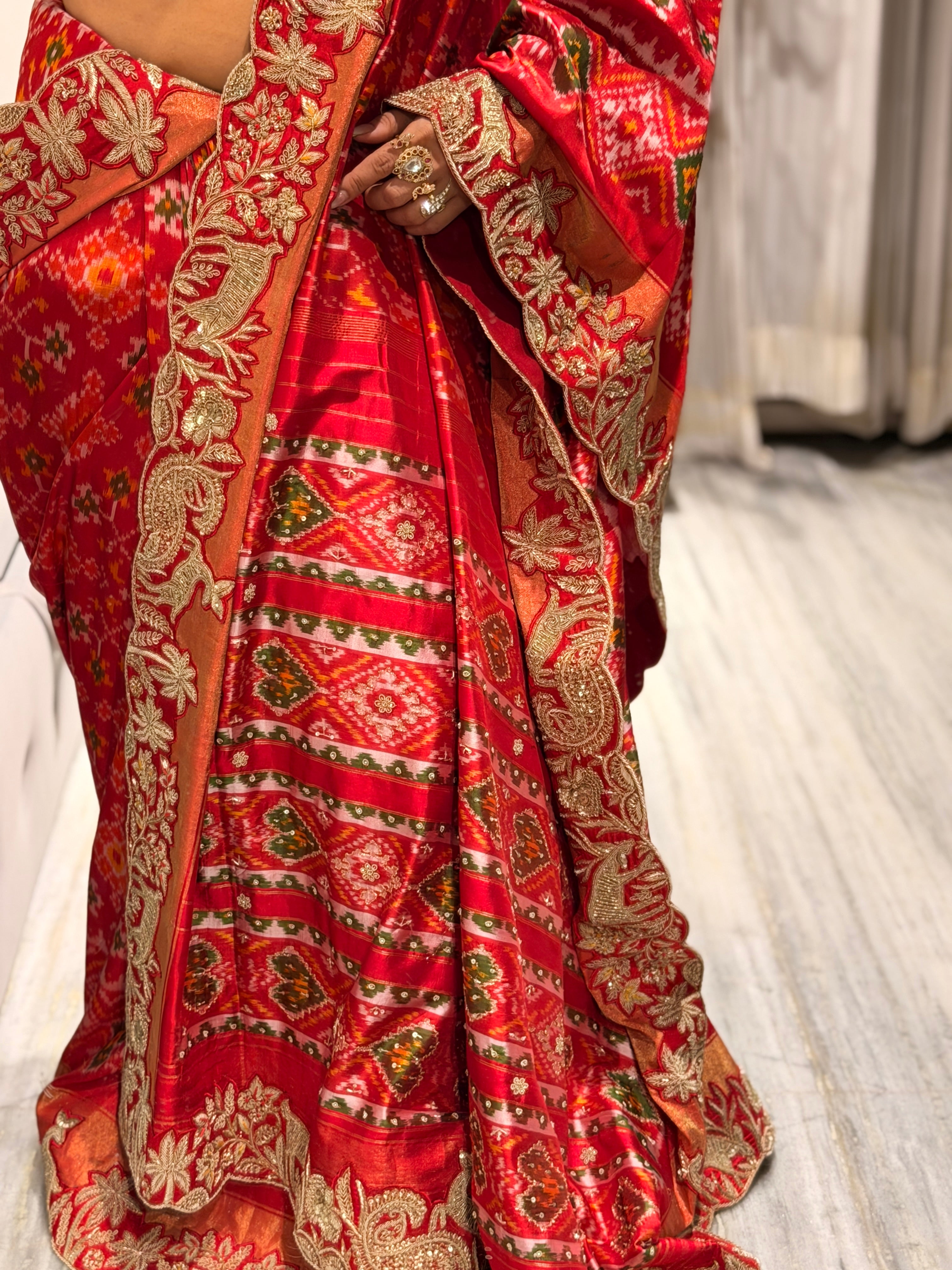 Double Ikkat pure Patola silk with zardosi heavy hand-embroidery